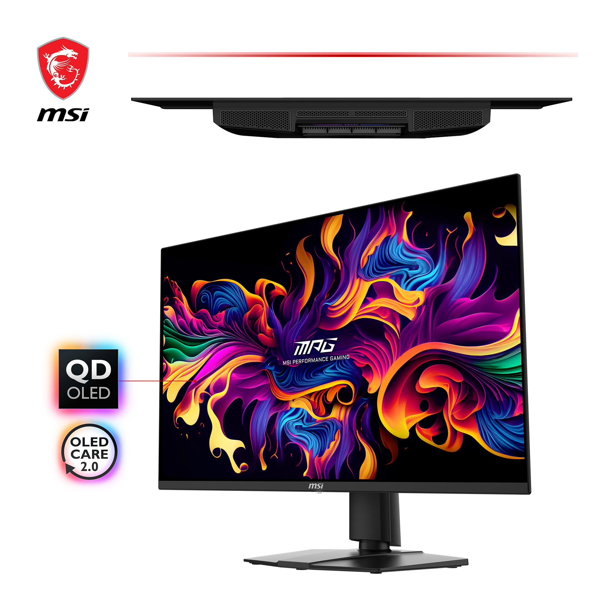 MSI-Monitor mit farbenfrohem Bildschirm. Hat QD OLED-, OLED Care 2.0-Etiketten. Verfügt über ein Drachenlogo und die Marke MSI.