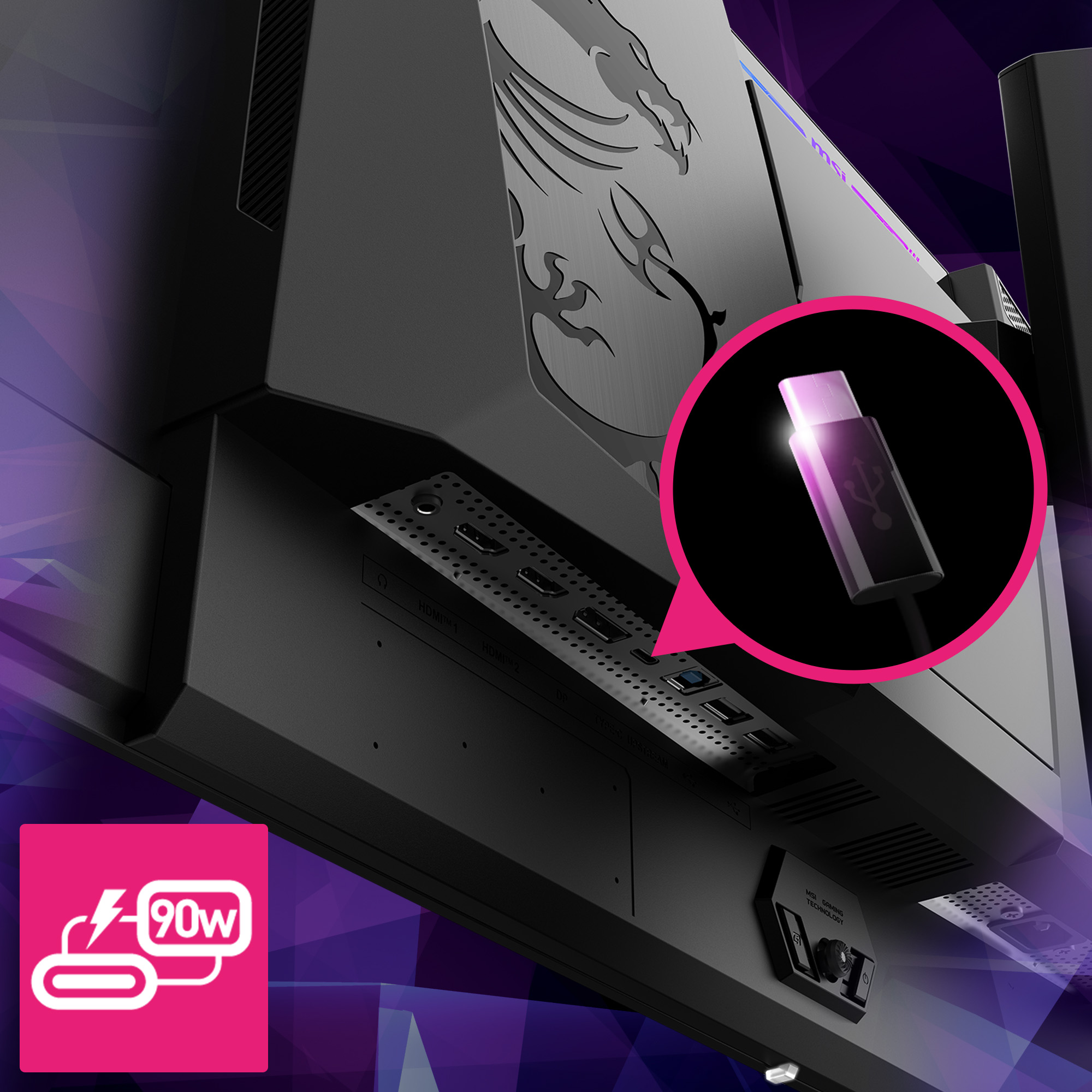 Rückseite eines Monitors mit Anschlüssen, einem USB-C-Kabel und einem 90-W-Ladesymbol. Der Monitor hat das MSI-Logo.