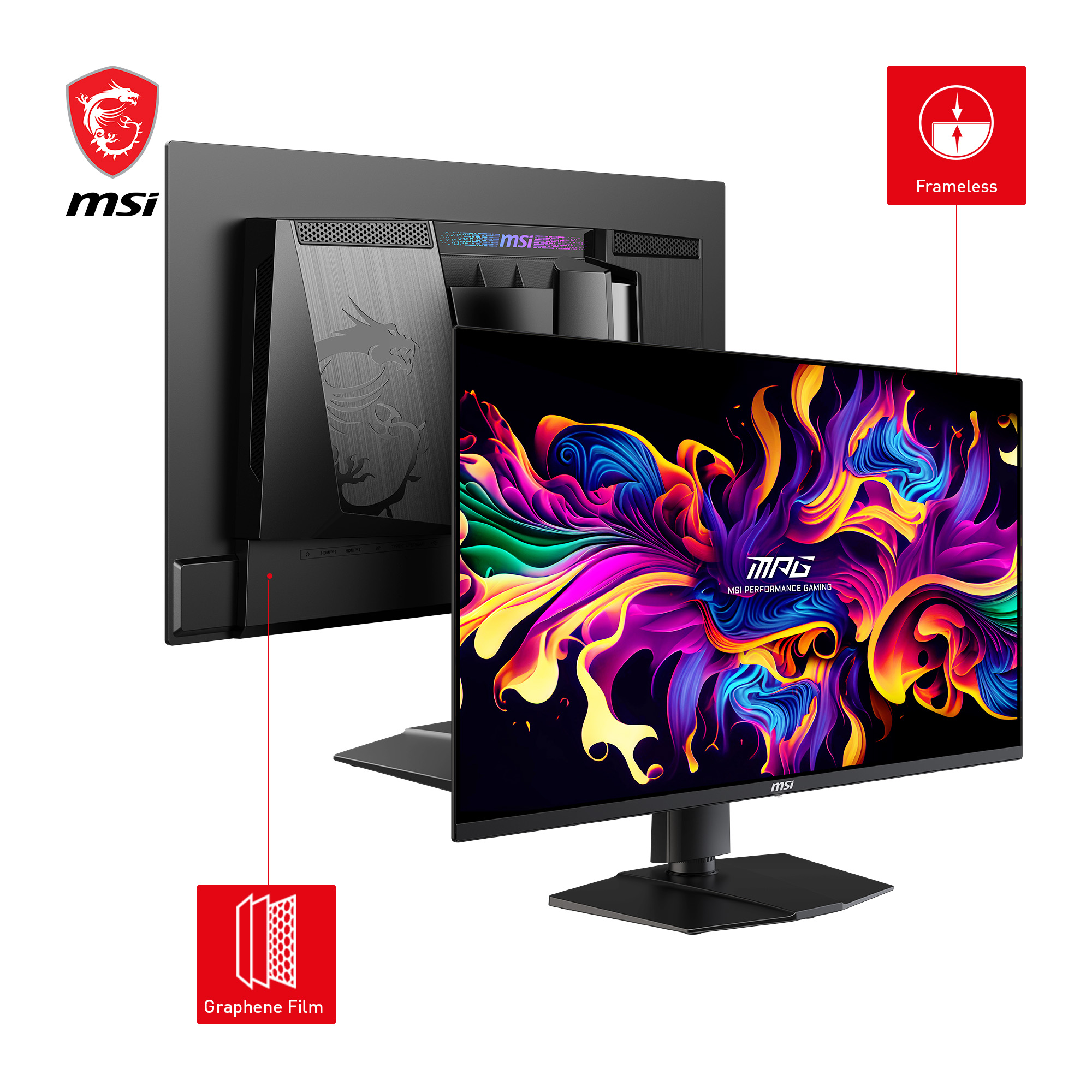 MSI-Gaming-Monitor. Schwarzer Rahmen, farbenfrohes Display. Merkmale: rahmenlos, Graphenfolie. Drachenlogo und Marke MSI.
