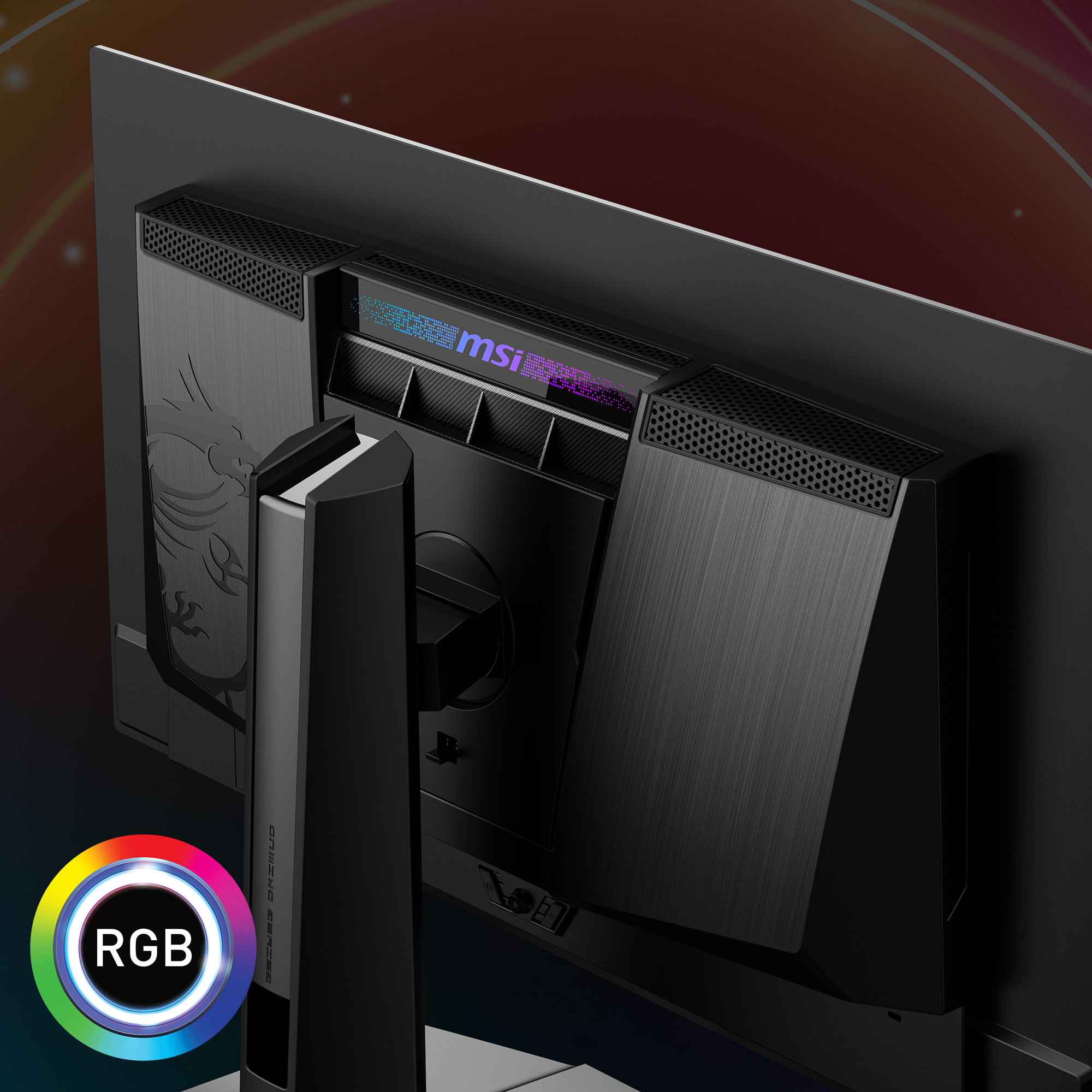 Rückansicht eines schwarzen Gaming-Monitors. MSI-Logo sichtbar. RGB-Beleuchtung vorhanden. Drachendesign.