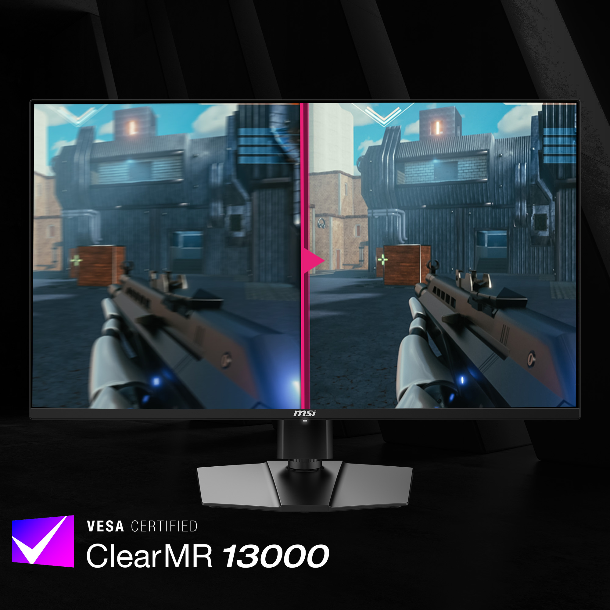 Ein Monitor zeigt eine geteilte Spielszene. Eine Waffe wird gehalten, die auf ein Gebäude zielt. MSI-Logo und ClearMR 13000-Text werden angezeigt.