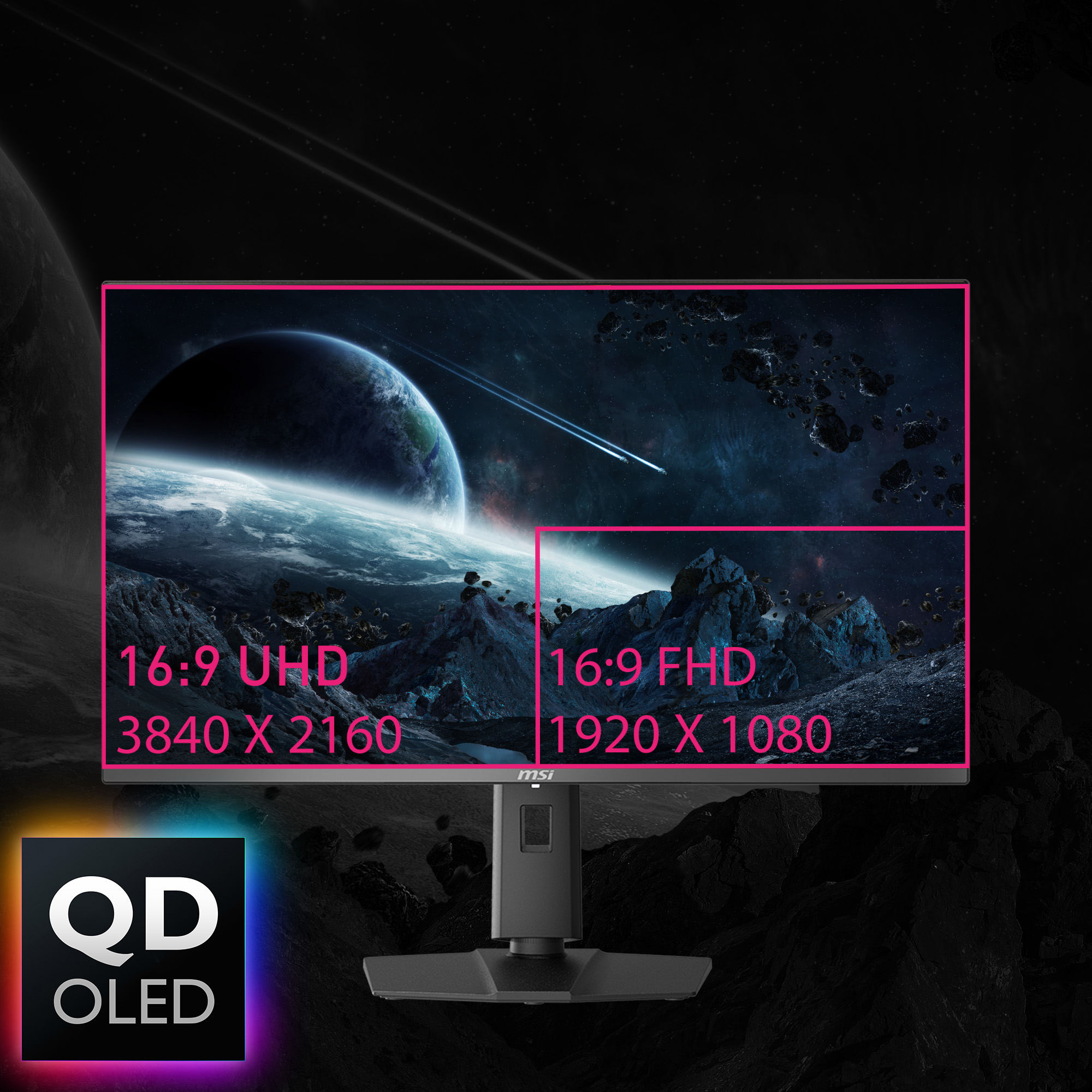 Ein Computermonitor zeigt eine Weltraumszene mit zwei Abschnitten: UHD und FHD. QD OLED-Logo in der Ecke.