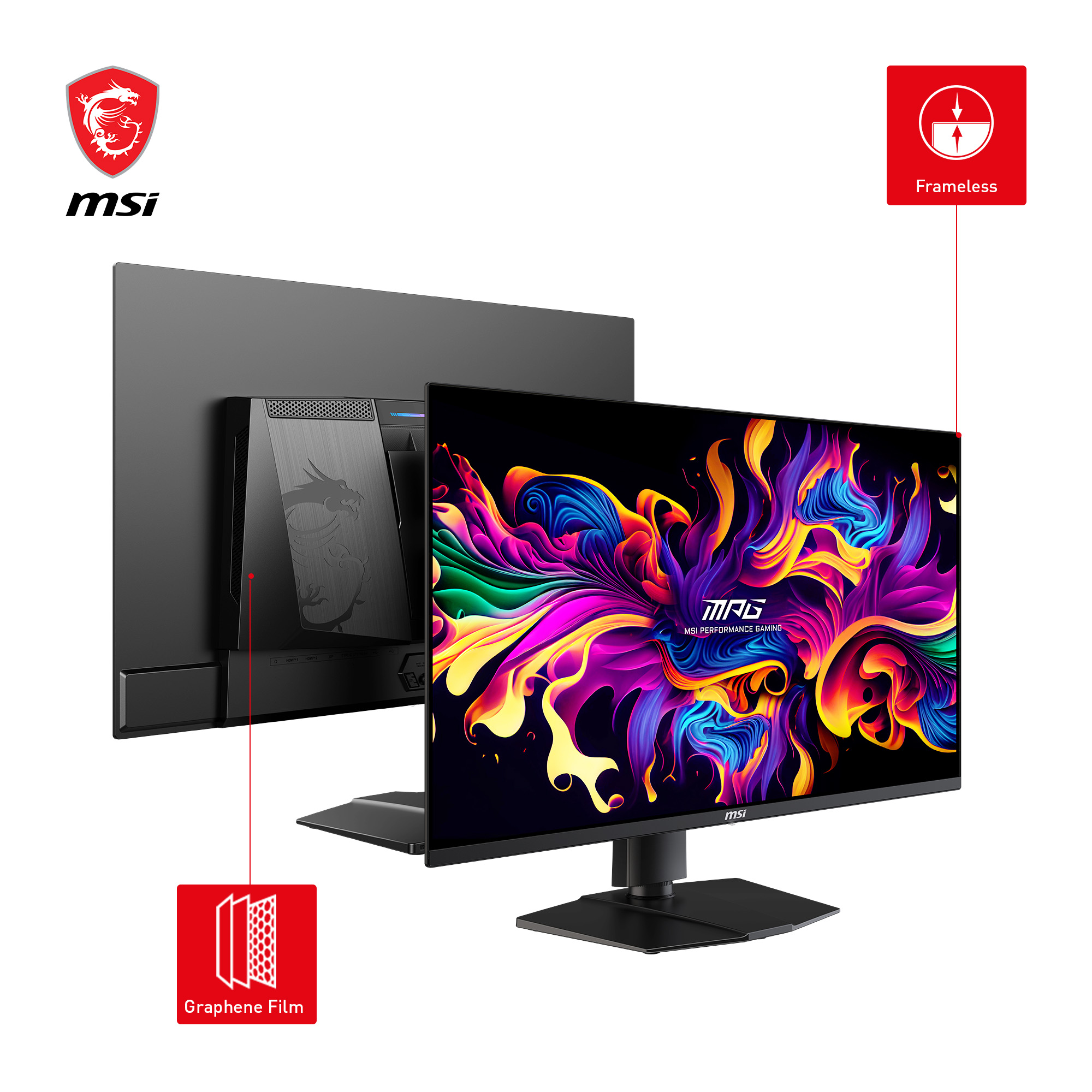 Ein schwarzer MSI-Monitor mit farbenfroher, abstrakter Anzeige. Merkmale sind rahmenloses Design und Graphenfolie.