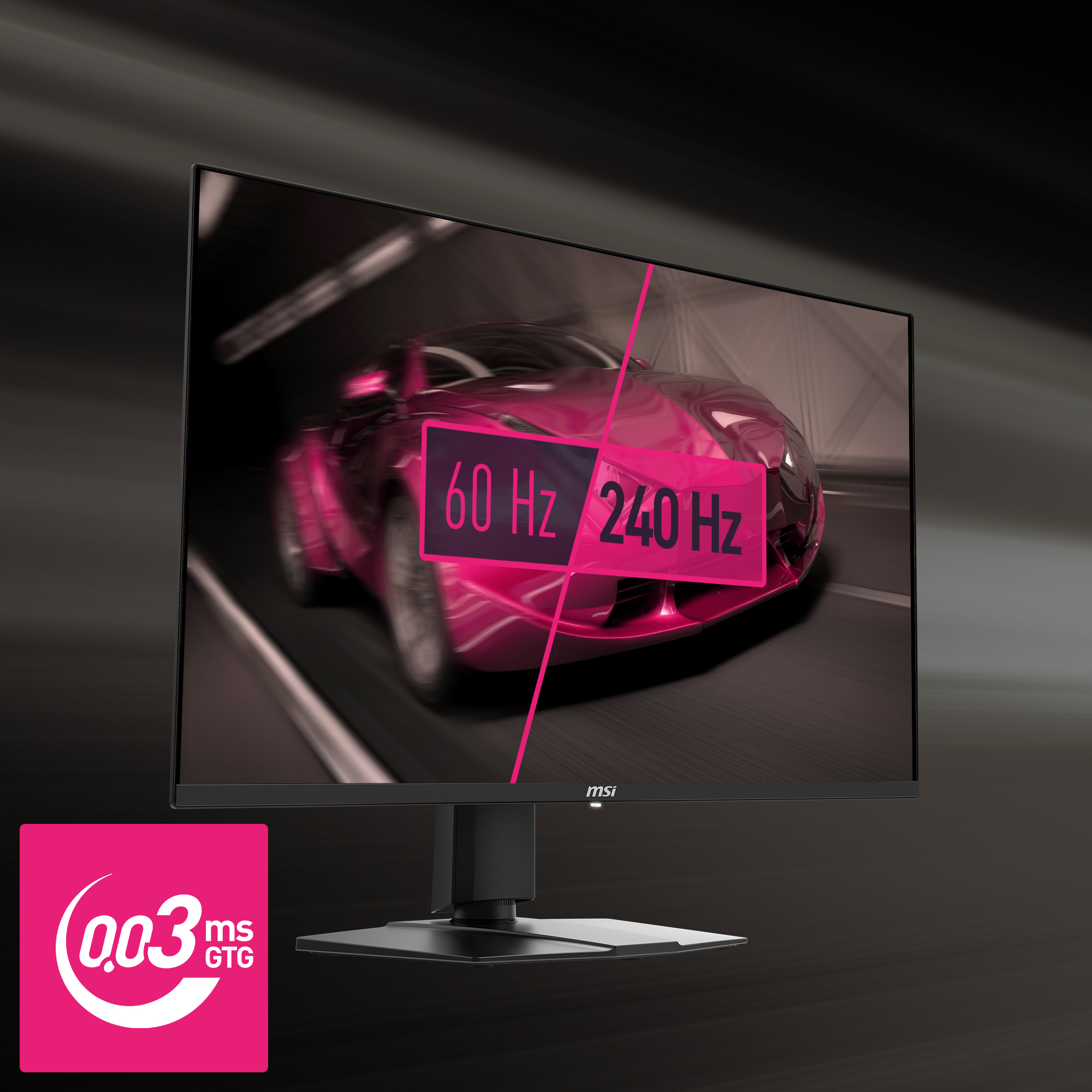 MSI-Monitor zeigt einen pinkfarbenen Sportwagen. Der Bildschirm zeigt 60Hz/240Hz. Unten links, pinkes Quadrat, 0,03ms GTG.