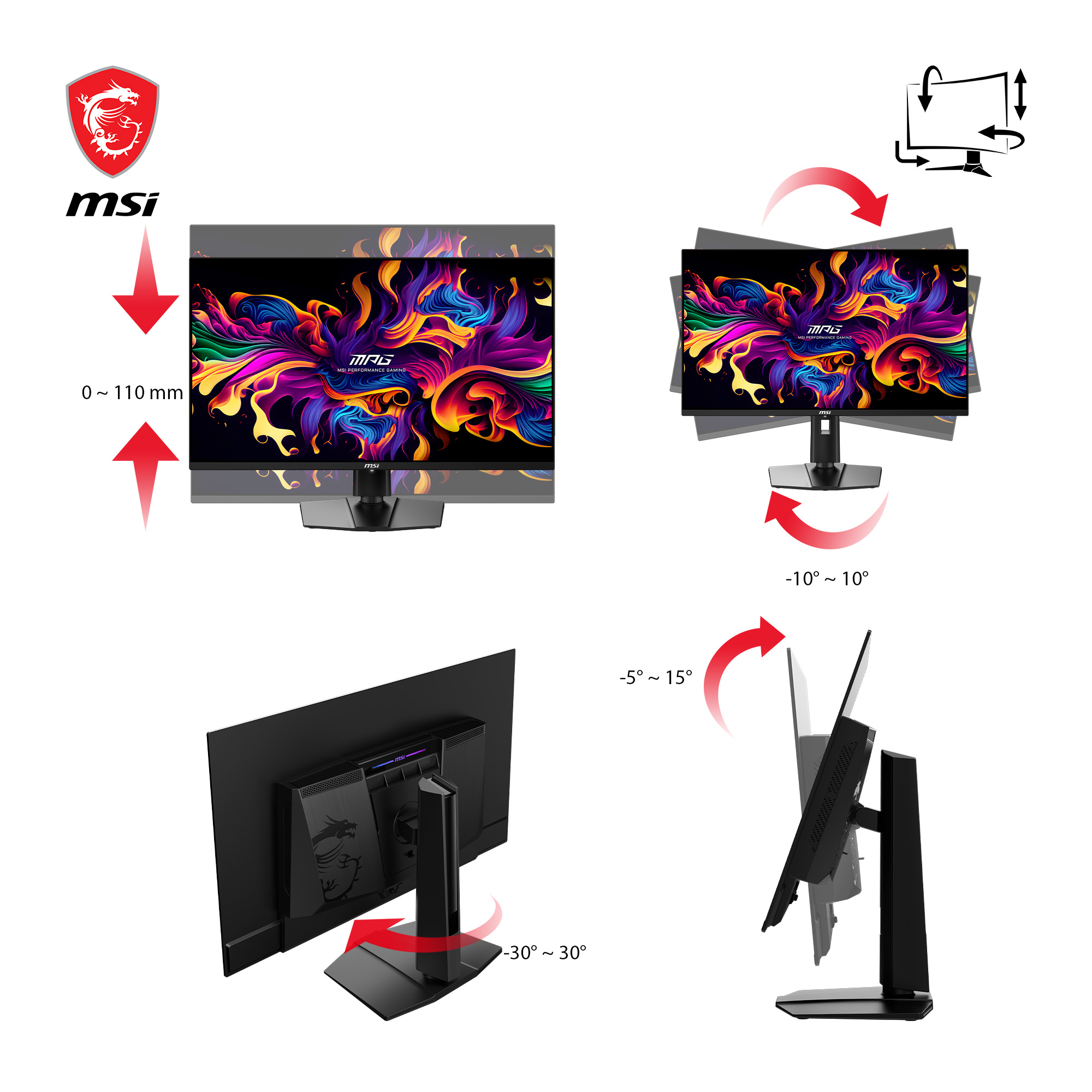 MSI-Monitor mit einstellbaren Winkeln. Zeigt Höhenverstellung, Neigung und Drehung. Buntes Display mit MSI- und MPG-Branding.