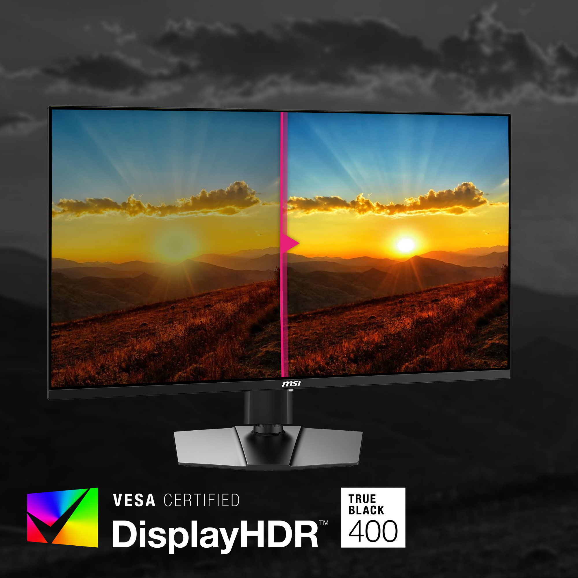 MSI-Monitor zeigt Sonnenuntergang über Bergen. Er hat einen schwarzen Rahmen, einen silbernen Ständer und das DisplayHDR-Logo.