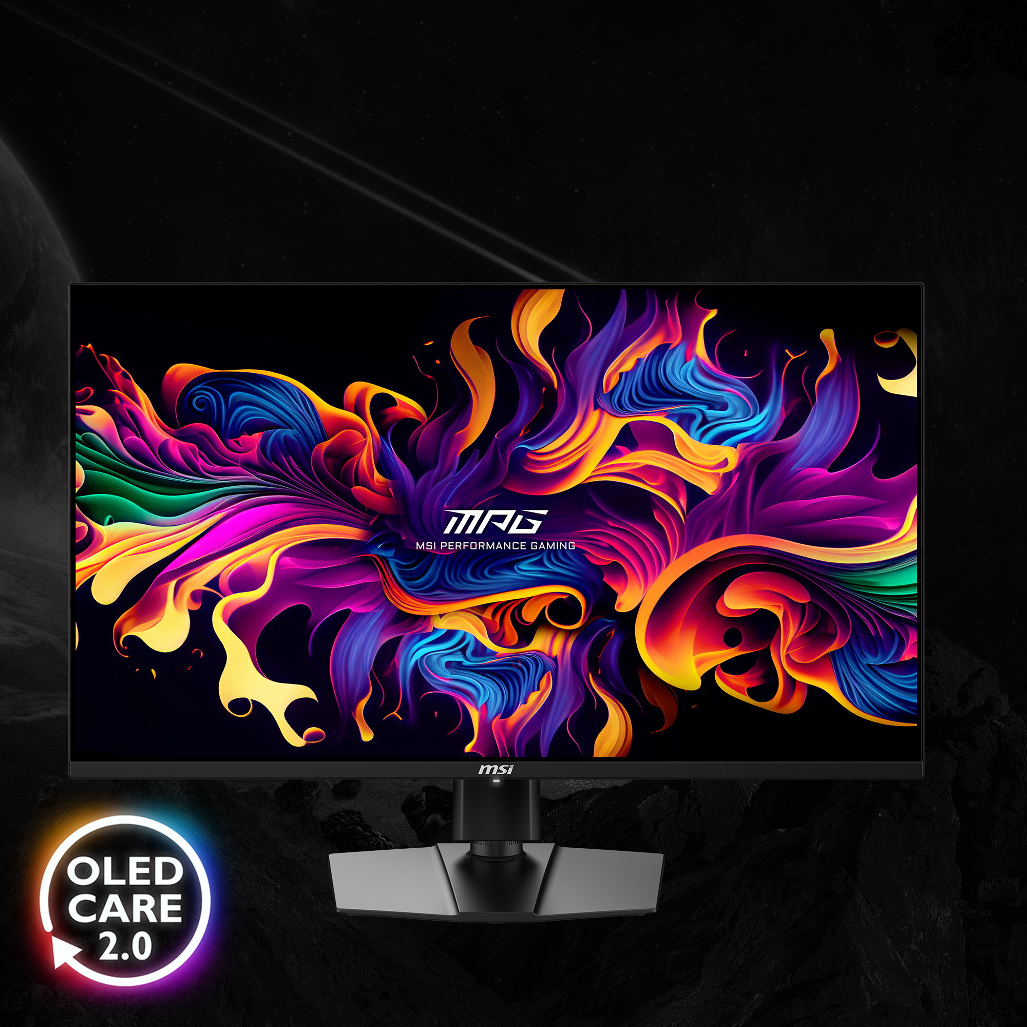 MSI-Monitor mit farbenfroher abstrakter Anzeige. Enthält das OLED CARE 2.0-Logo. Schwarzer Hintergrund mit Planeten und Sternen.