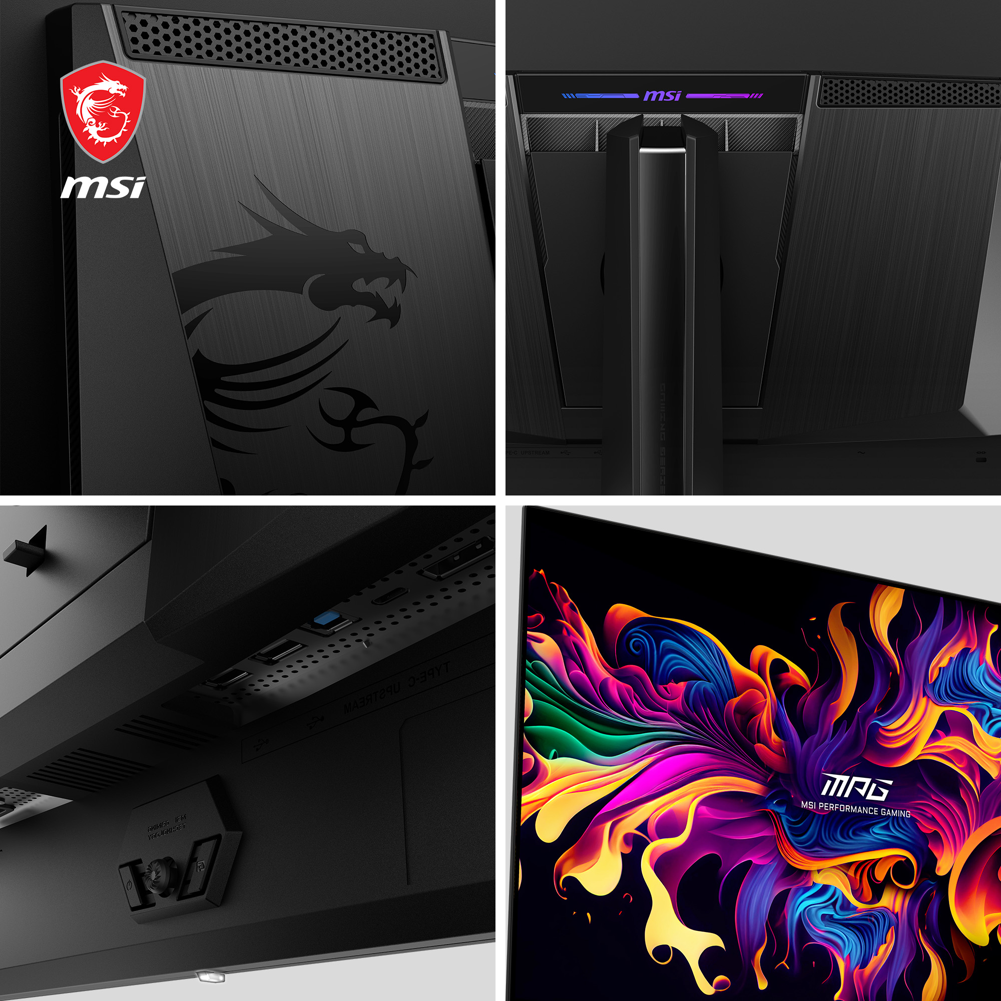 Nahaufnahmen eines schwarzen MSI-Gaming-Monitors. Drachenlogo, Anschlüsse und abstrakte, farbenfrohe Kunst auf dem Bildschirm.
