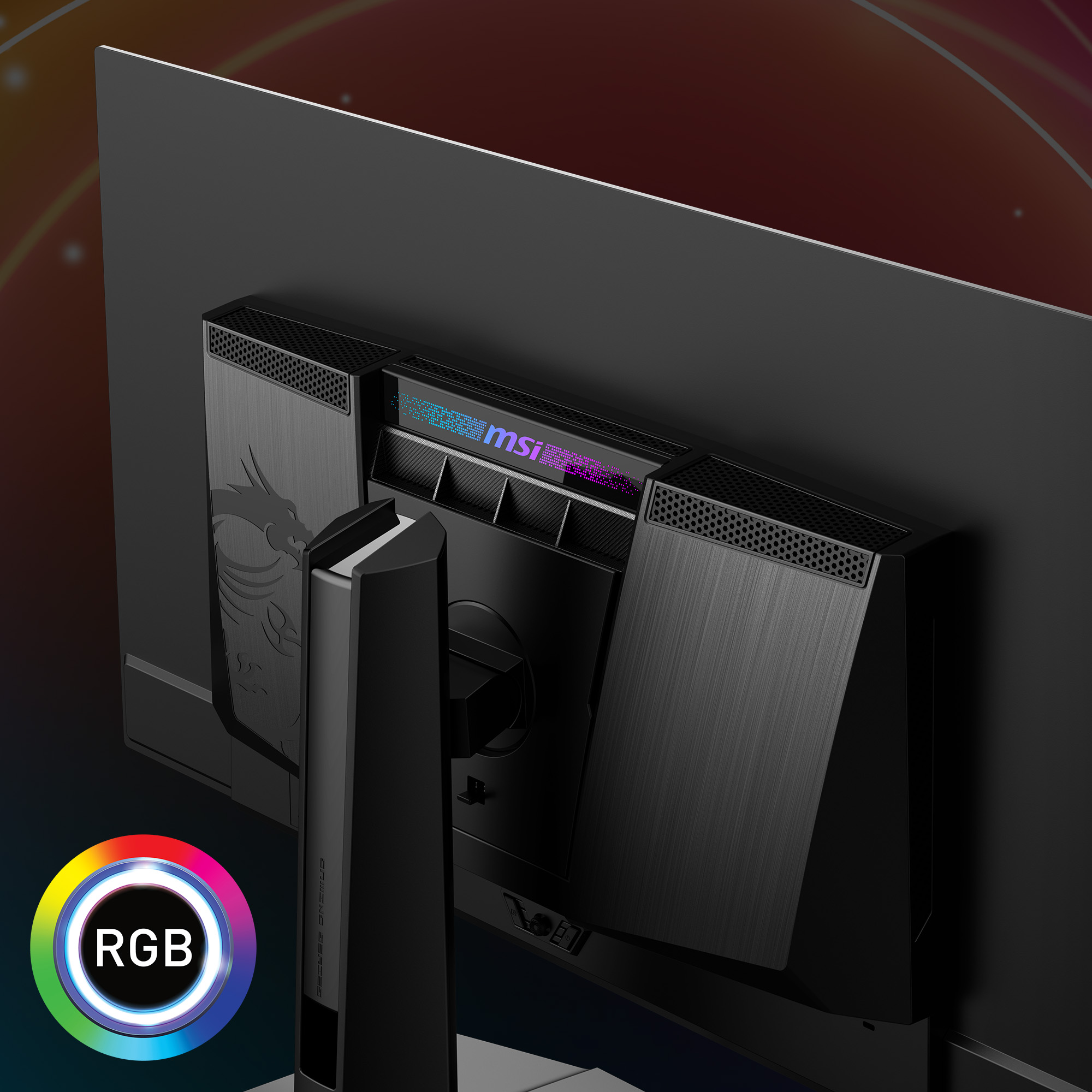 Schwarzer MSI-Gaming-Monitor-Rücken. Verfügt über RGB-Beleuchtung und ein Drachenlogo. Der Monitor befindet sich auf einem Gradienten-Hintergrund.