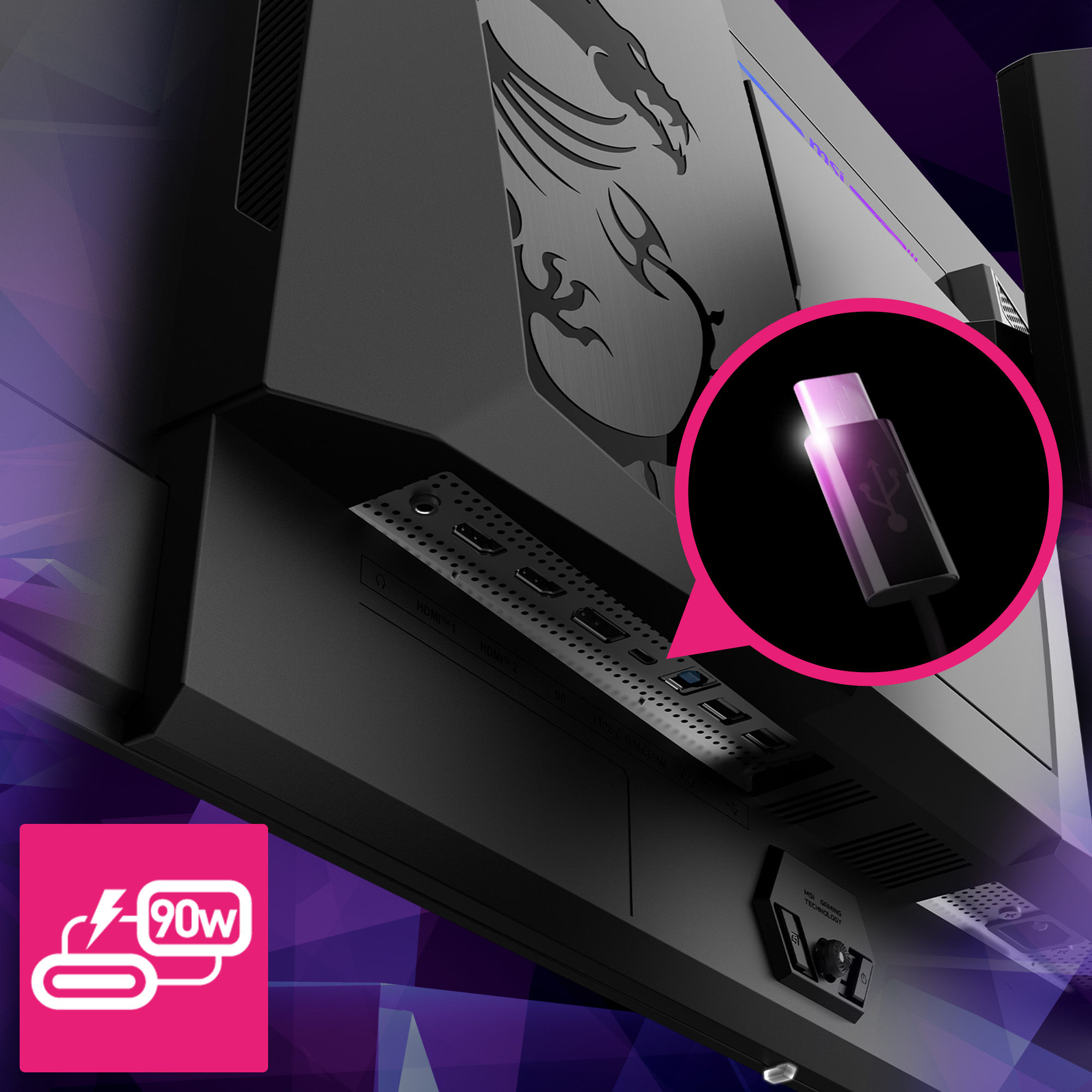 Schwarzer Monitor mit Drachenlogo. Zeigt Anschlüsse und USB-C-Kabel. Rosa Grafik zeigt 90W Leistung.
