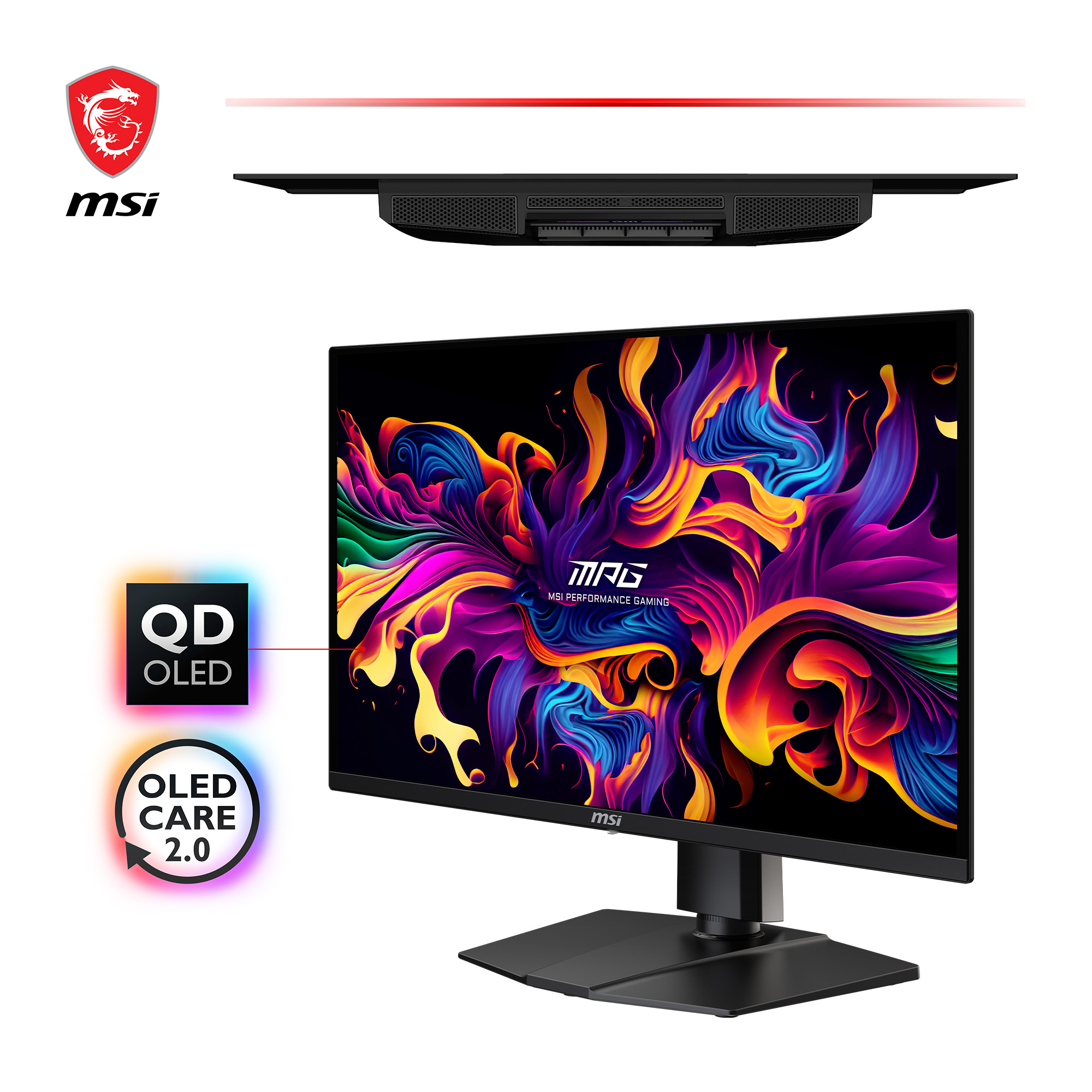 MSI QD-OLED-Monitor. Bietet ein farbenfrohes, abstraktes Display mit Logos für QD OLED, OLED Care 2.0 und MSI. Schwarzer Ständer.