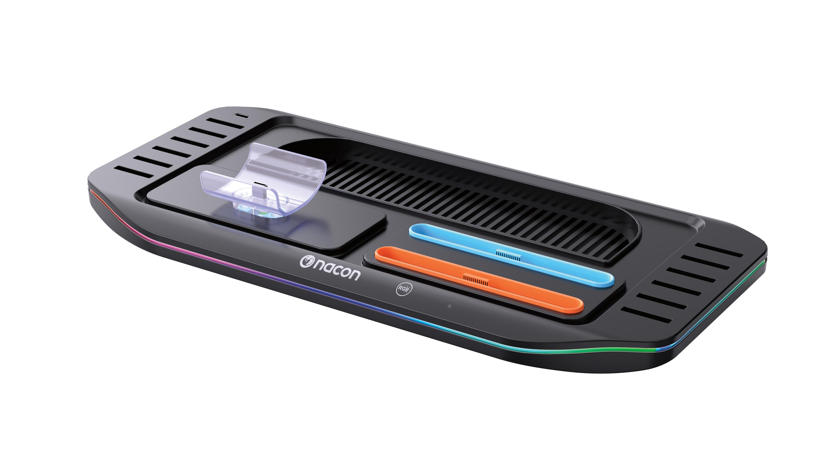 Schwarzes Gaming-Konsolenladegerät mit farbenfroher LED. Es hat Schlitze für Controller, einen transparenten Kunststoffständer und orangefarbene und blaue Halter.