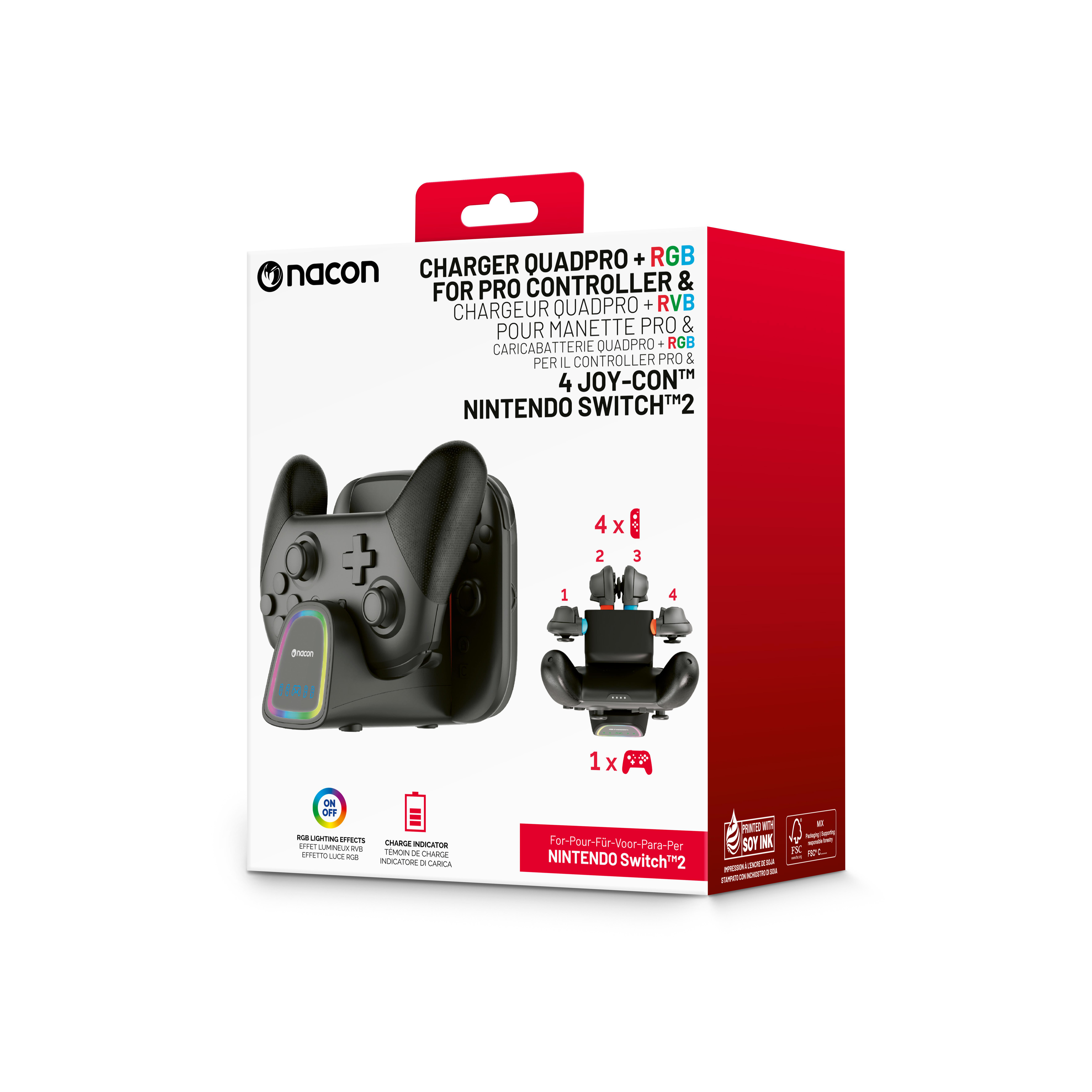 Produktverpackung für Nacon-Ladegerät, für Nintendo Switch-Controller mit Controller und Joy-Cons.