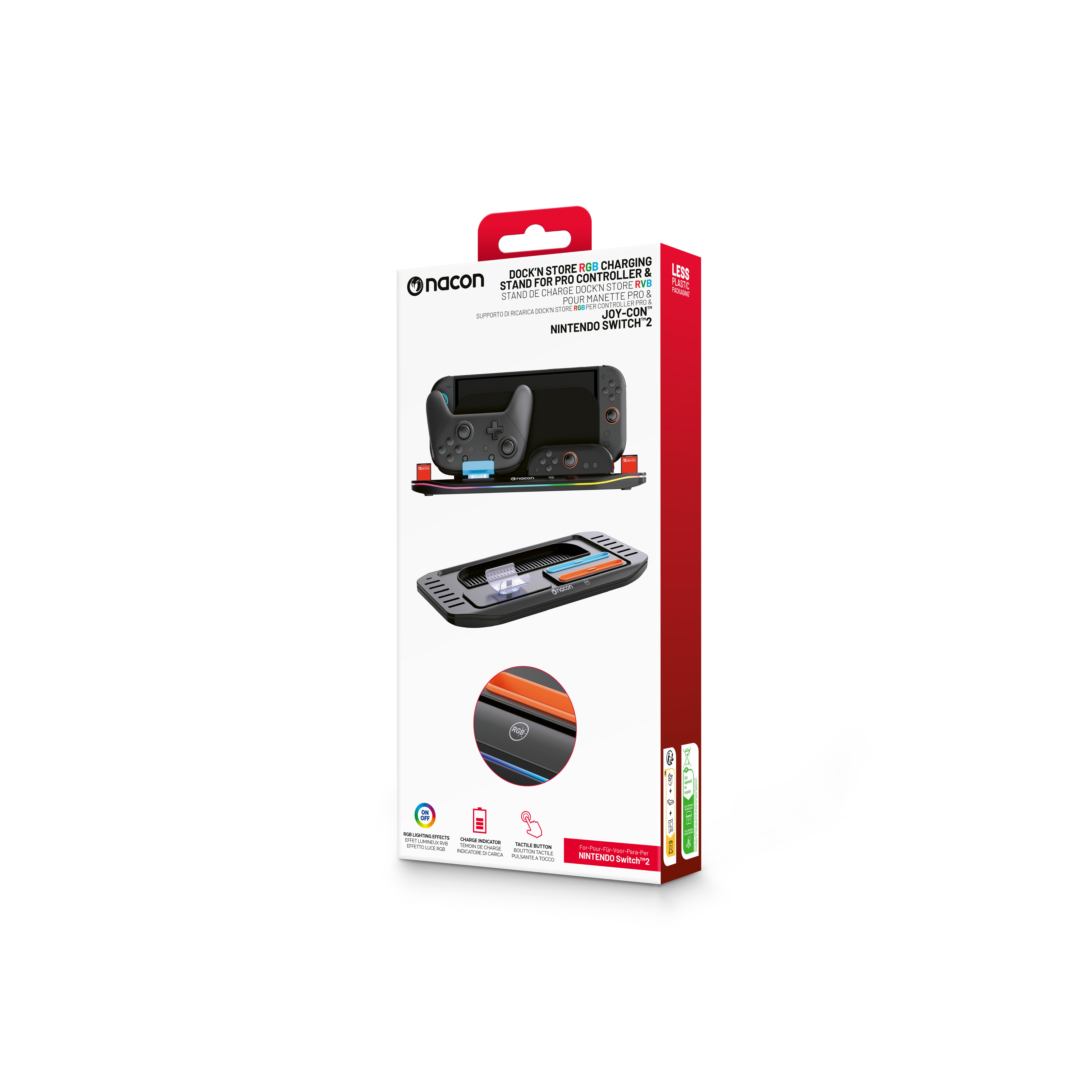 Schachtel mit schwarzem Nintendo Switch Dock, Controller und Joy-Cons. Es hat RGB-Beleuchtung und unterstützt das Laden.