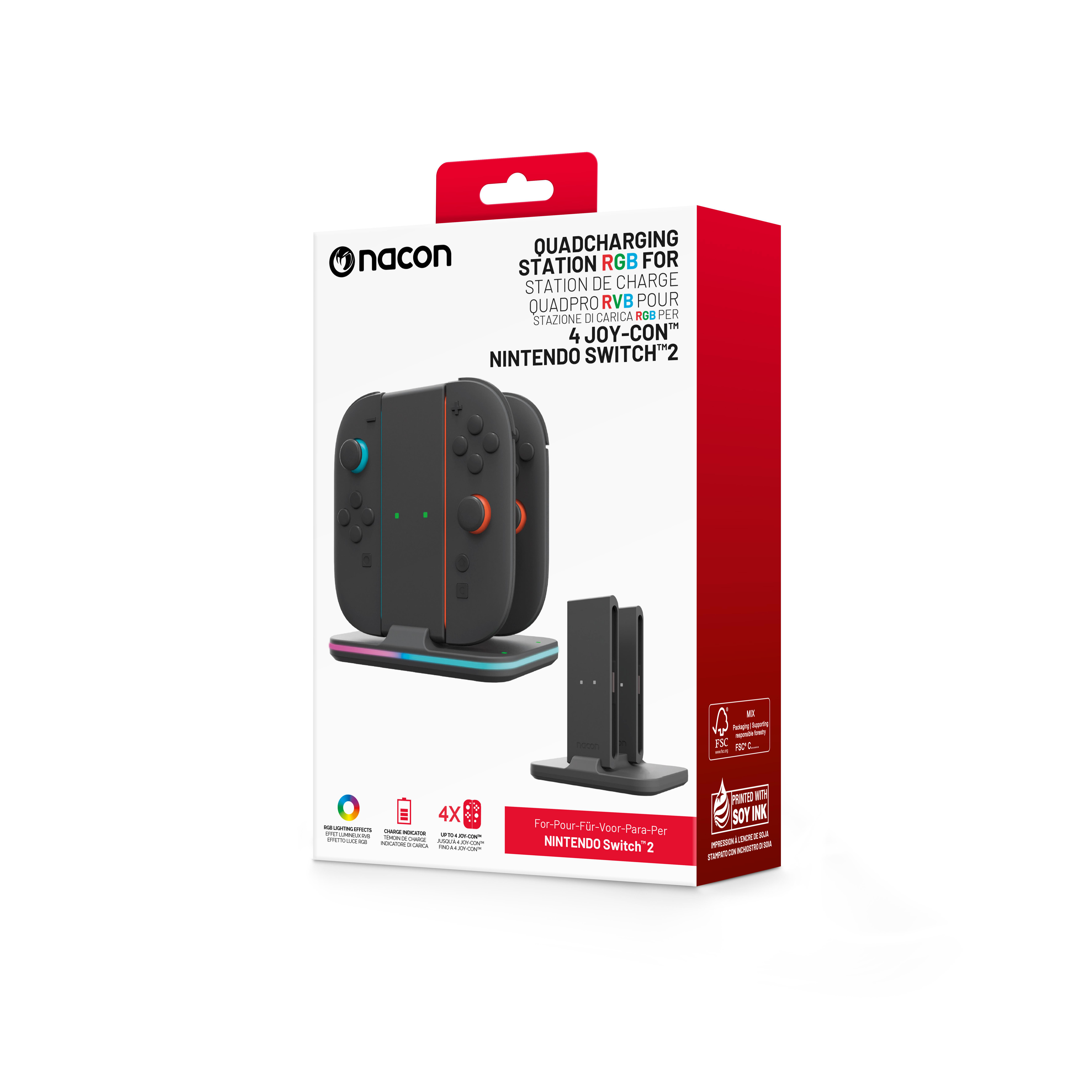 Schachtel einer Nacon Quadcharging-Station für Nintendo Switch. Sie zeigt Joy-Con-Controller und Ladestation.