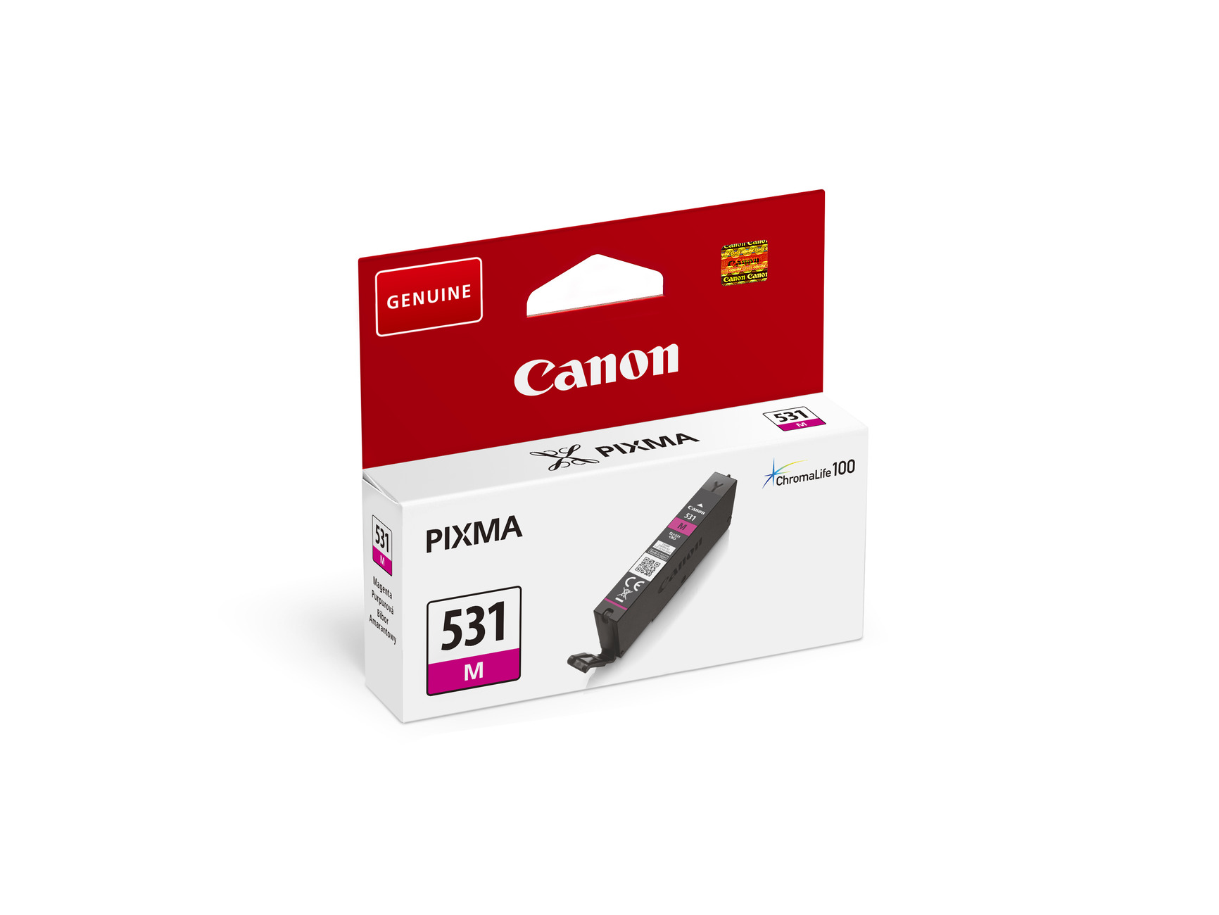 Eine Canon Pixma 531 M Tintenpatronenbox. Sie ist weiß mit magentafarbenen Akzenten und dem Canon-Logo. Roter Deckel, weißer Hintergrund.