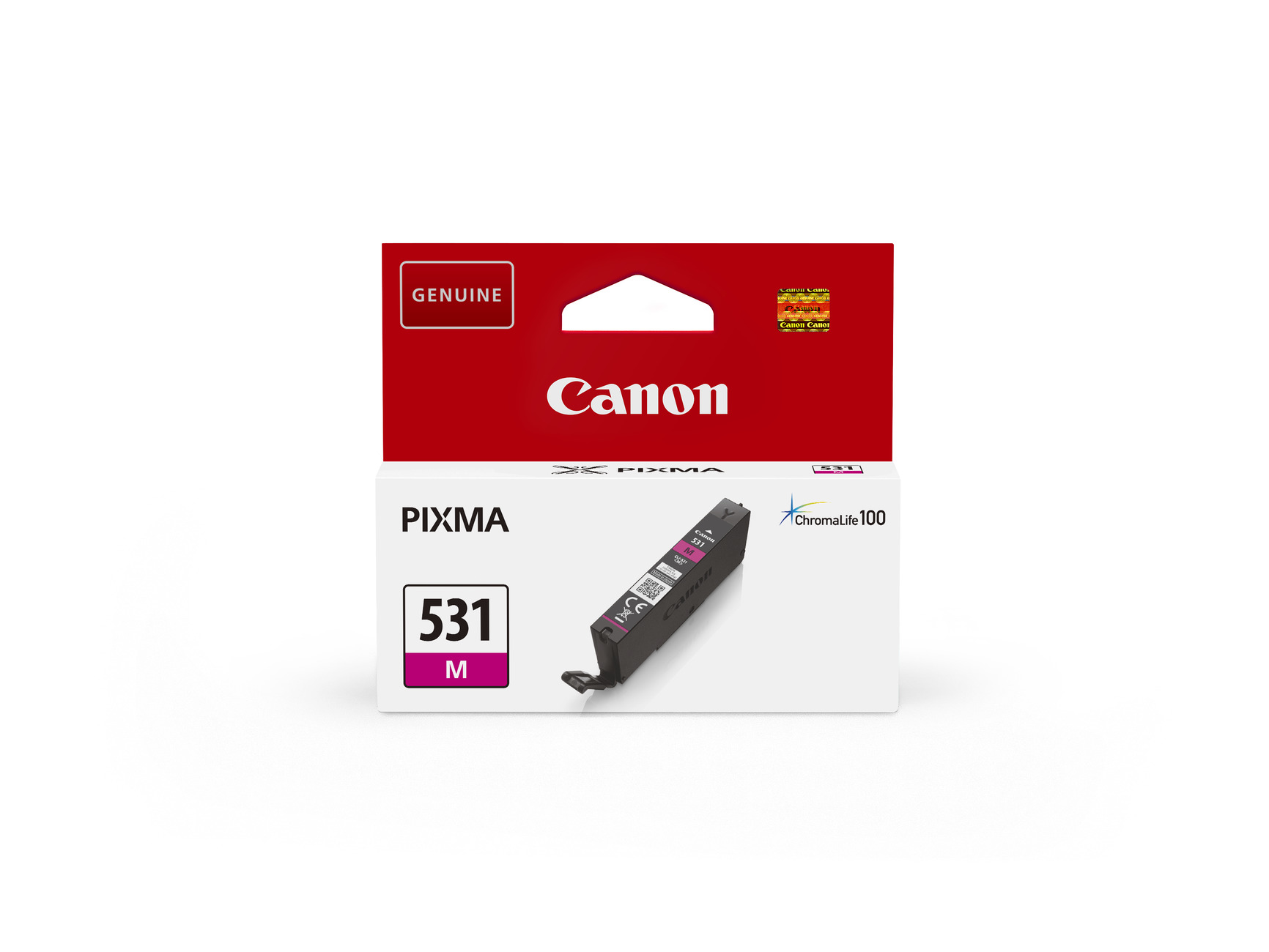 Eine Canon Pixma 531 M Tintenpatrone in ihrer Verpackung. Die Box ist weiß und rot und zeigt das Canon-Logo und Produktdetails.