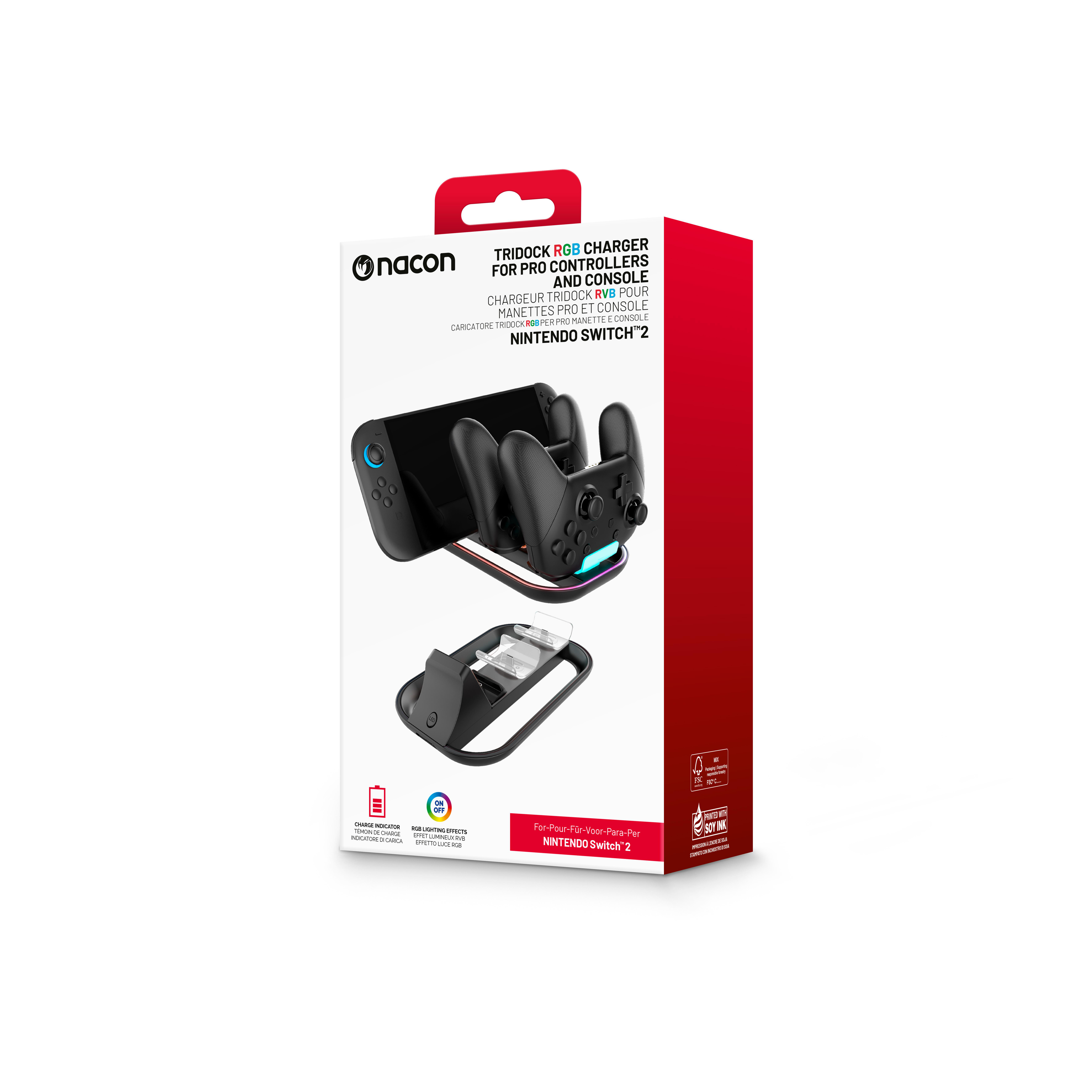 Eine weiße Schachtel mit einem schwarzen Ladegerät für Controller. Es hat den Markennamen Nacon und eine Produktbeschreibung.