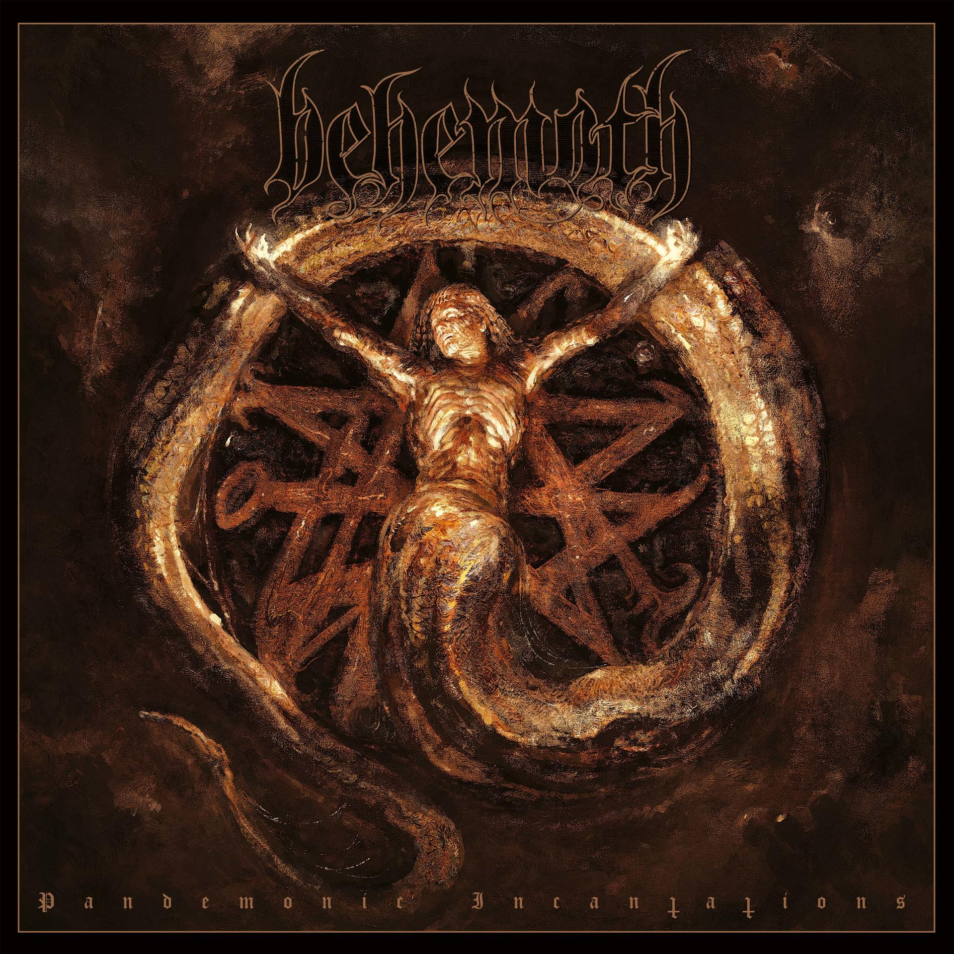 Albumcover mit Skelettfigur in schlangenartiger Form, umgeben von einem Pentagramm. Der Titel lautet "Behemoth".