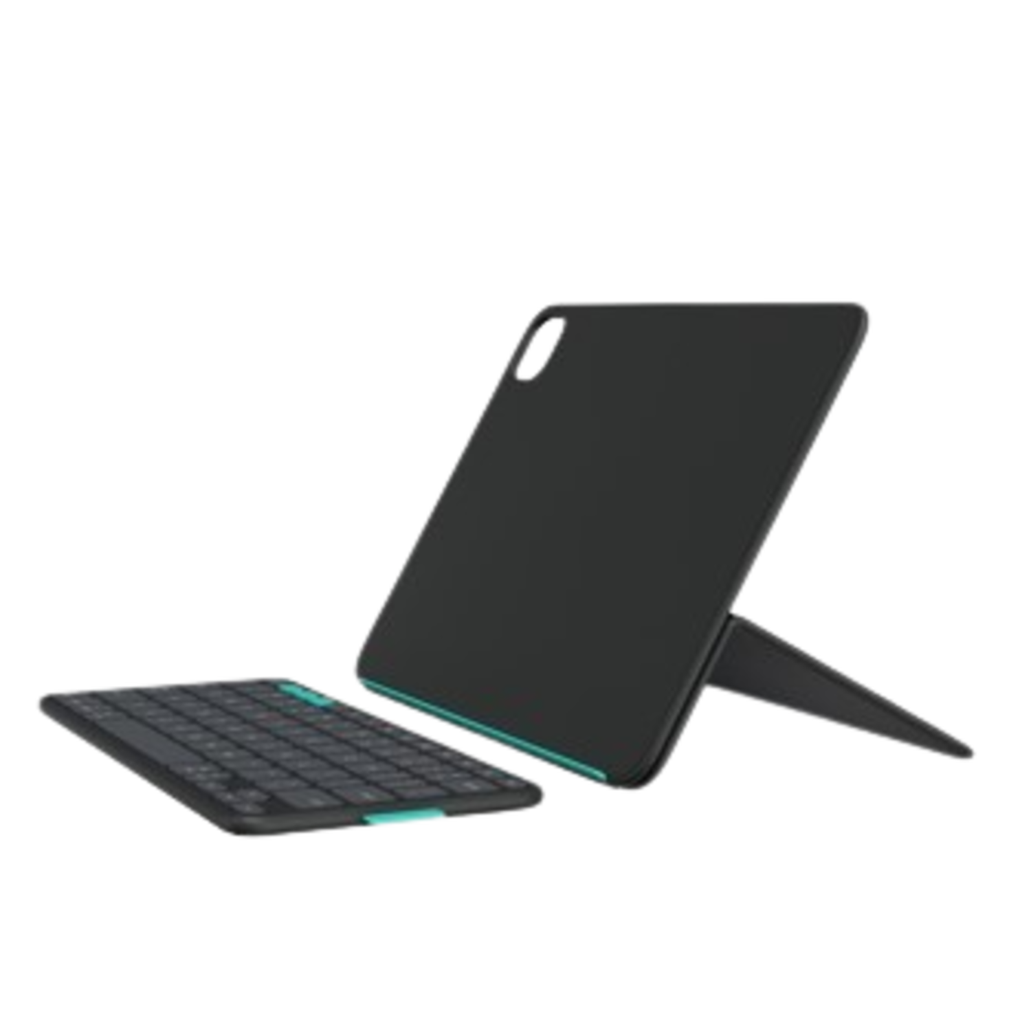 Une tablette noire avec un étui clavier est affichée. La tablette est relevée. Le clavier est détaché.