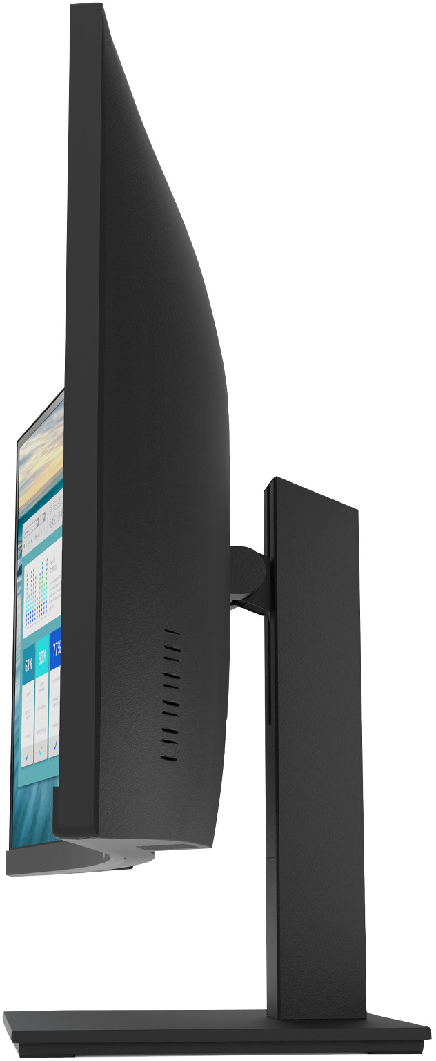 Ein schwarzer, gebogener Computermonitor von der Seite gesehen, mit einem Display, das Diagramme und Daten zeigt, und einem stabilen Ständer.