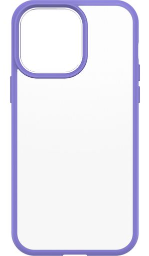 Przezroczyste etui na telefon z fioletową obwódką. Obszar aparatu i boczne przyciski są również fioletowe. Wnętrze etui jest puste.