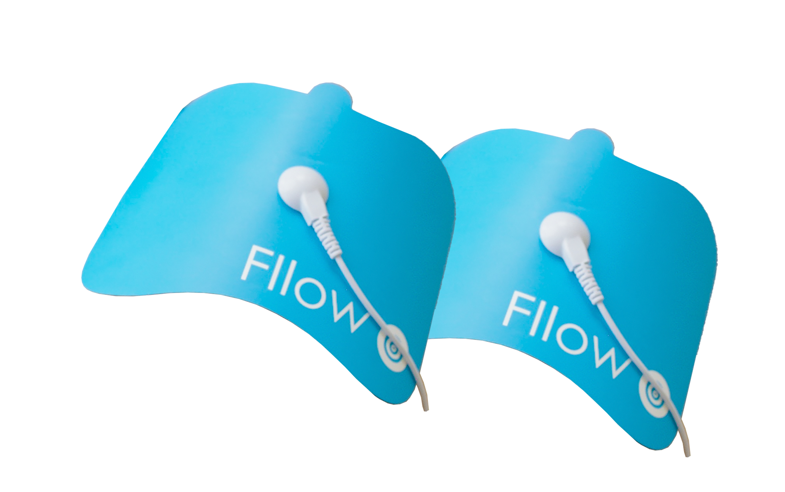 Zwei blaue, mit Flow beschriftete Pflaster mit weißen Kabeln und Ohrhörern, isoliert auf Weiß. Text: Flow.