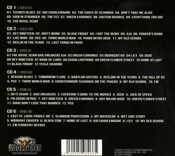 Rückseite einer CD-Box mit Titellisten für 6 CDs und dem Logo von Eagle Eyes Entertainment.