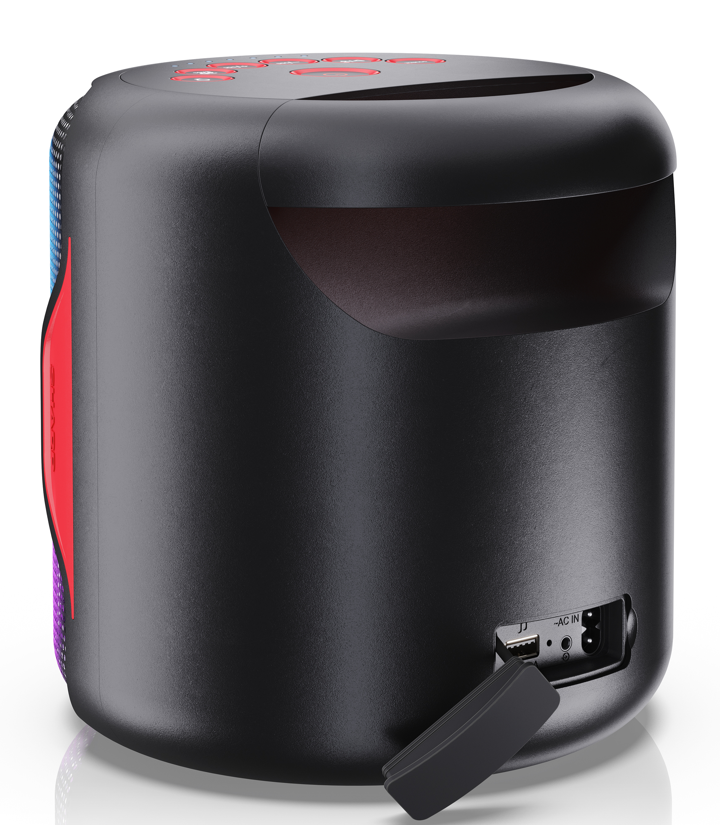 Czarny głośnik przenośny z czerwonymi akcentami i osłoną portu. Ma gniazdo na górze i przyciski.