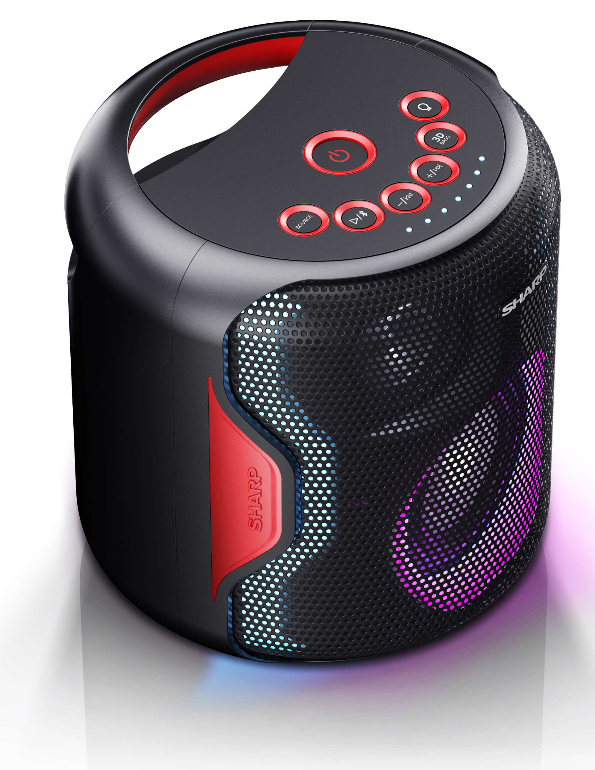 Czarny i czerwony przenośny głośnik Sharp. Ma uchwyt i przyciski na górze. Głośnik ma siatkę z kolorowymi światłami.