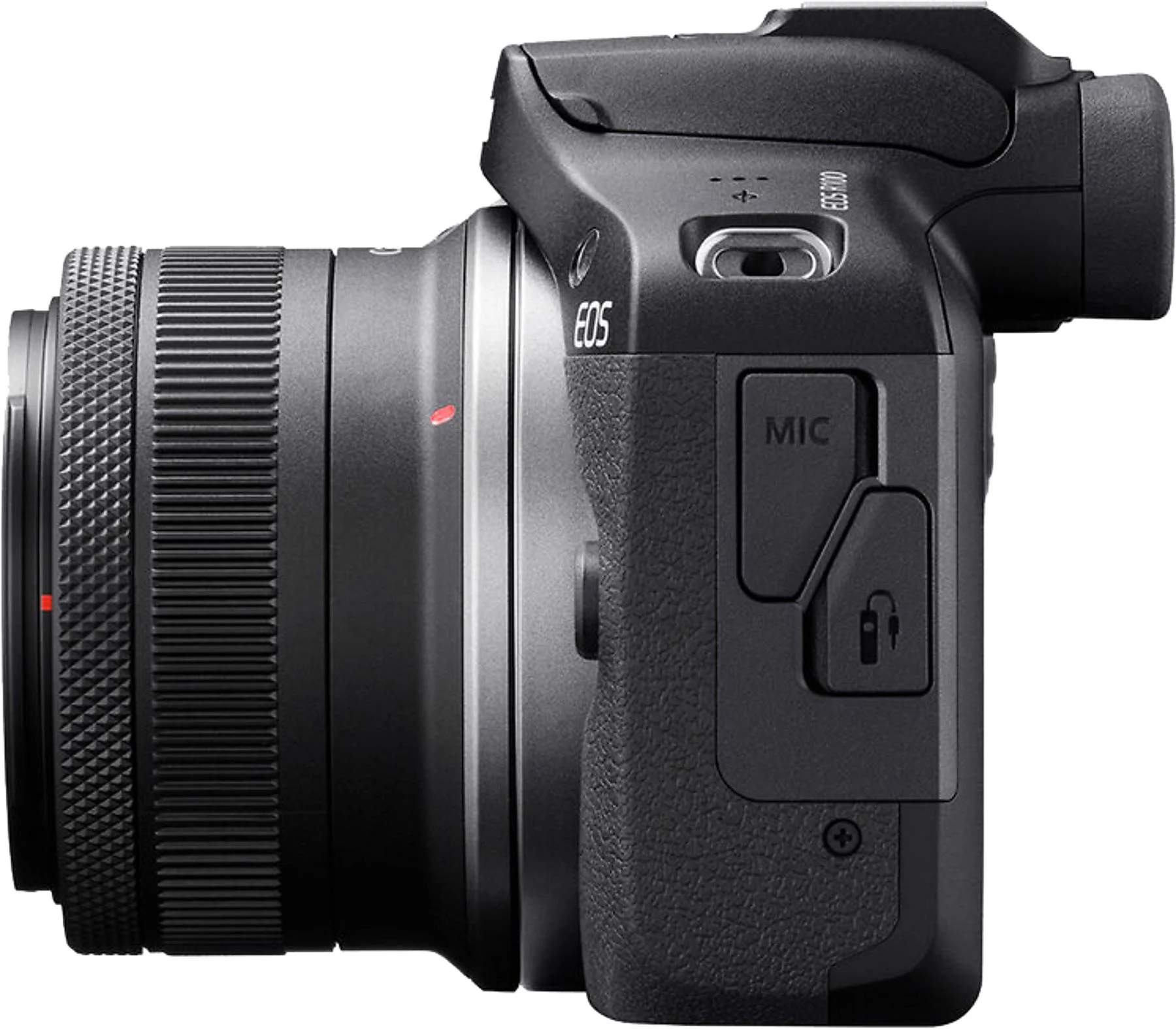 Fekete Canon EOS fényképezőgépváz, rögzített objektívvel. Az objektív bordázott. Láthatók az 'EOS' és 'MIC' részletek.