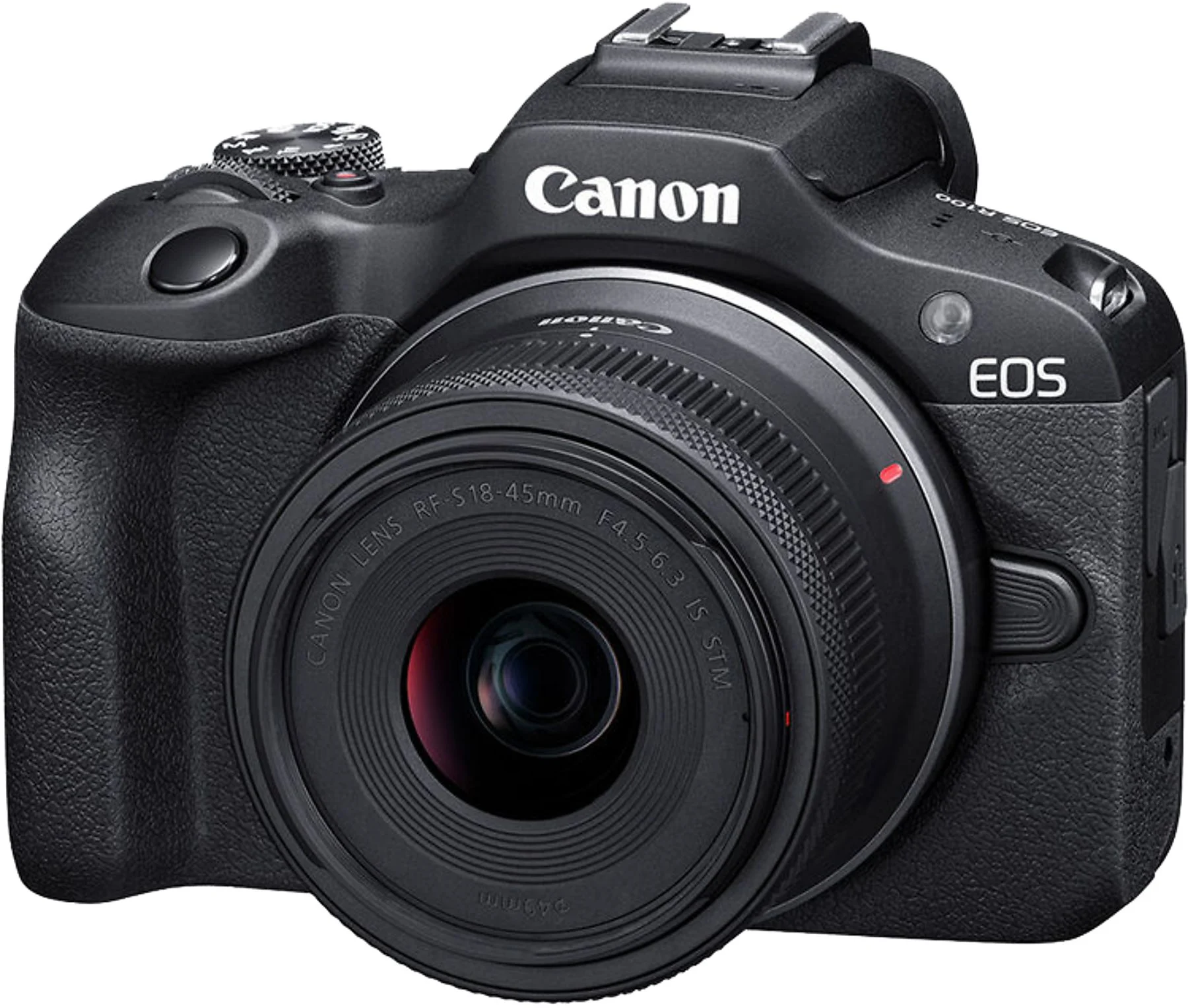 Fekete Canon EOS R100 fényképezőgép objektívvel. A Canon logó látható. Az objektíven piros gyűrű van, felirattal.