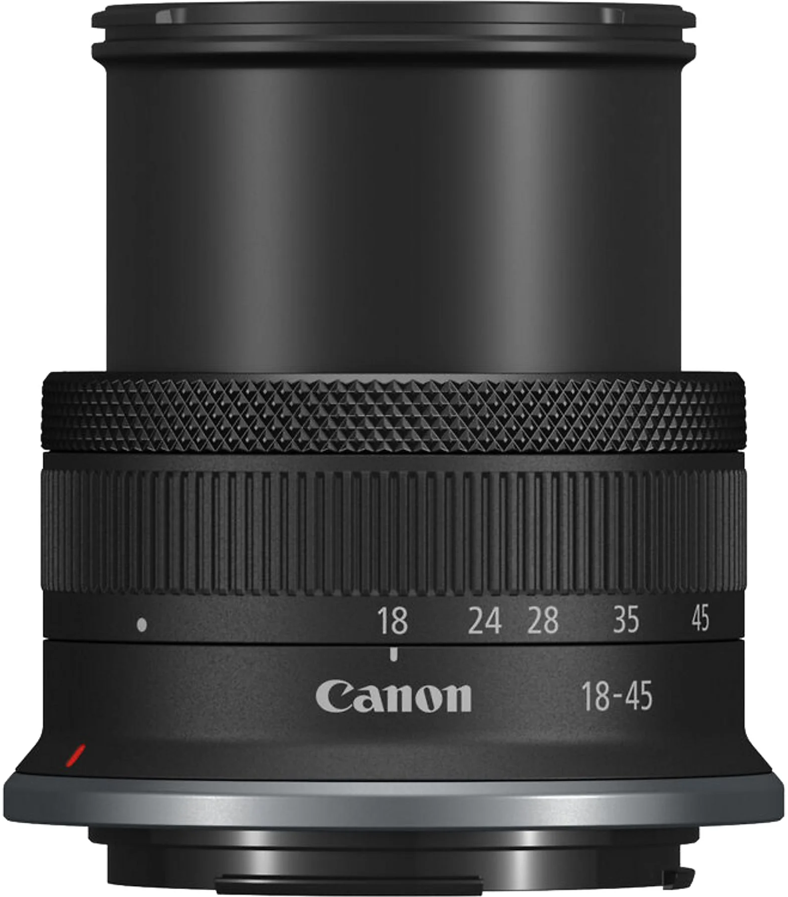 Fekete Canon 18-45mm objektív. Bordázott fókuszgyűrűvel és számozott gyújtótávolságokkal. Ezüst alapgyűrű.