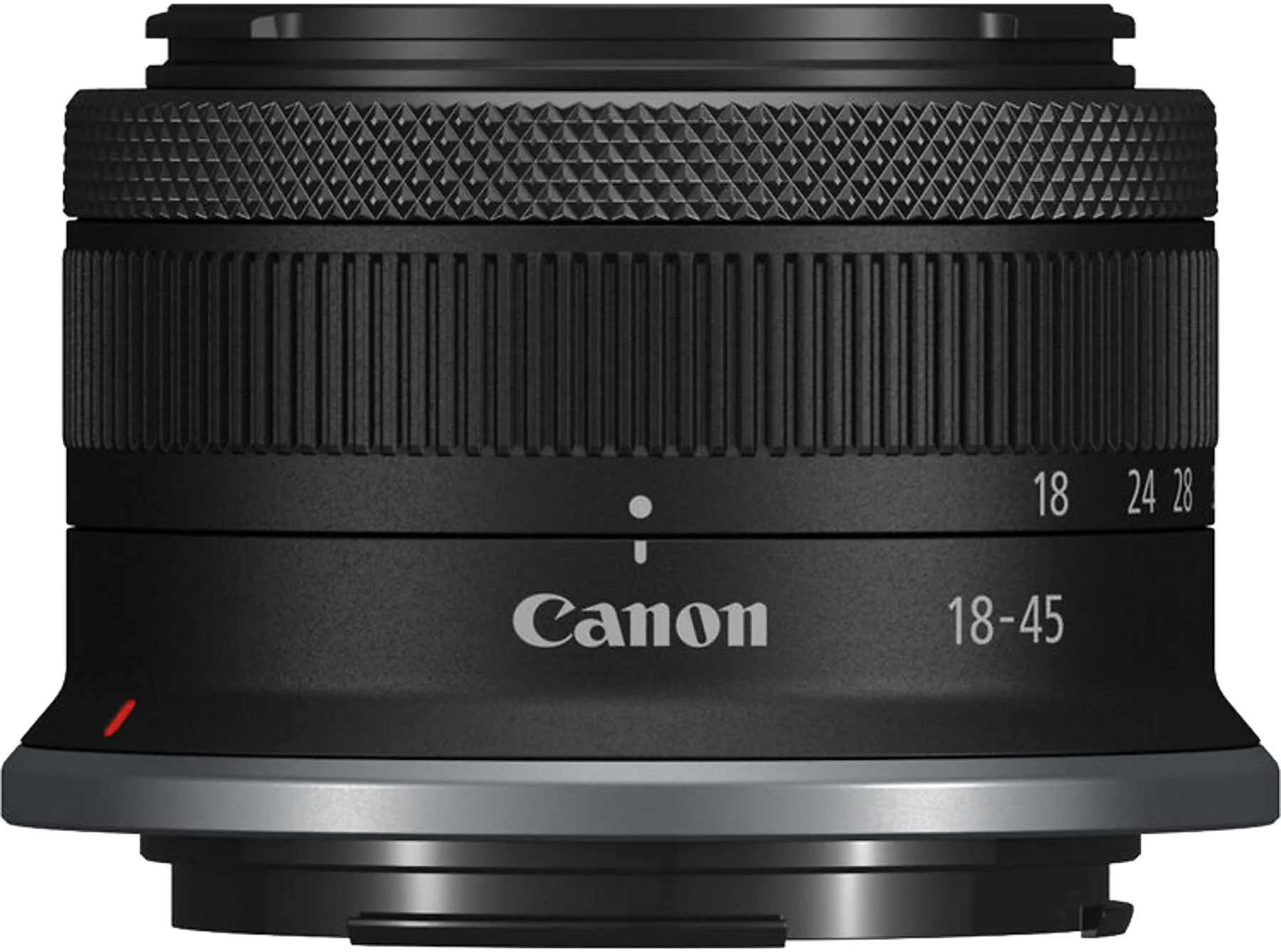 Egy fekete Canon 18-45 mm-es objektív. Bordázott és texturált részekkel rendelkezik, számokkal és a Canon logóval.