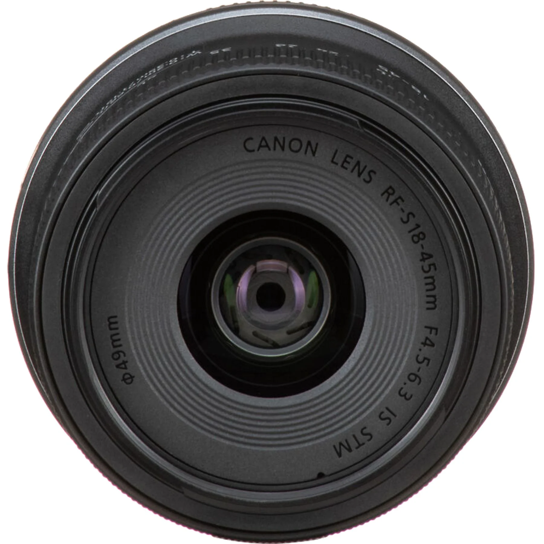 Egy Canon RF-S 18-45mm-es objektív látható, fekete és kör alakú, feliratokkal. A közepén lencse elemek láthatók.