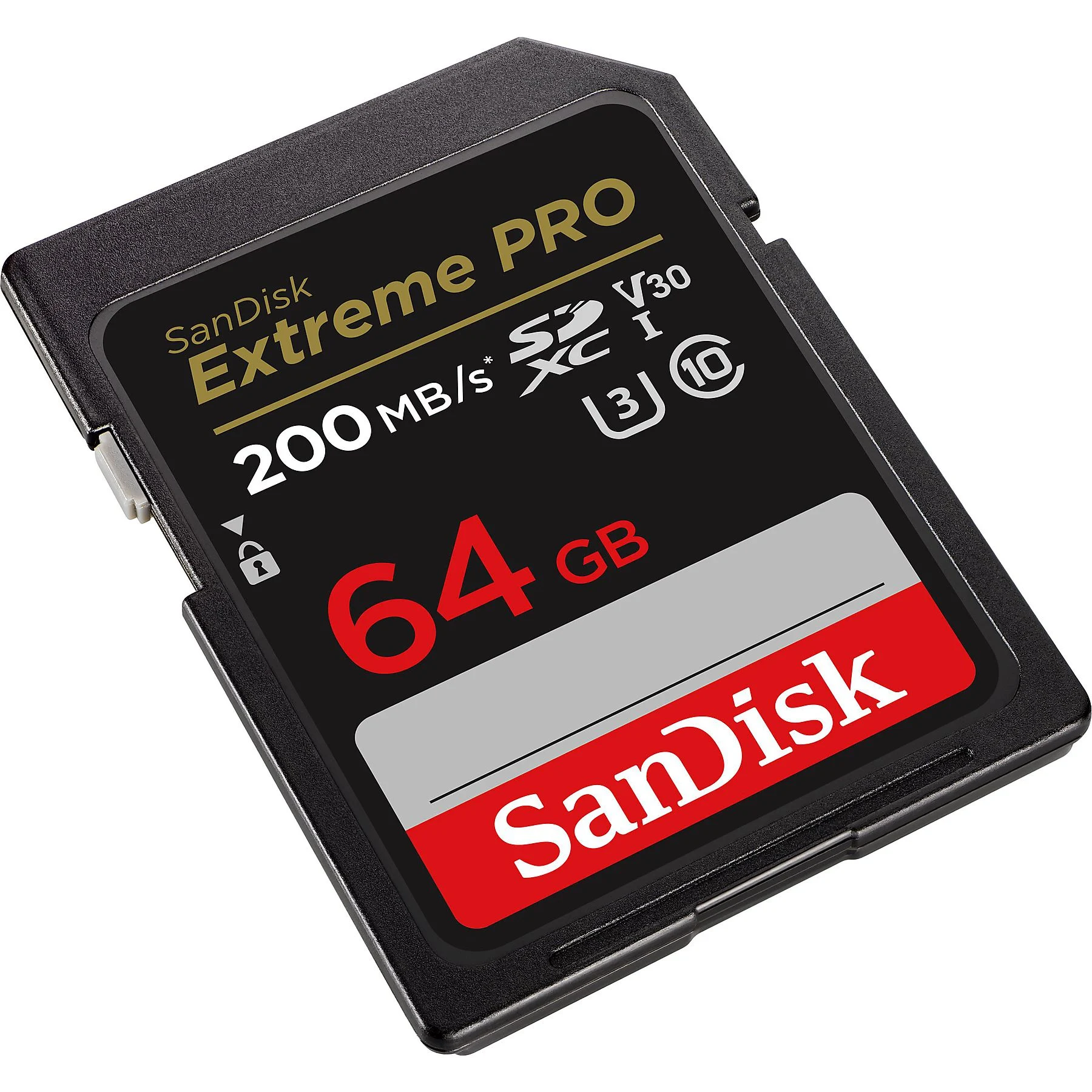 Fekete SanDisk Extreme PRO SD-kártya. Jellemzők: 64 GB, 200 MB/s, piros-fehér Sandisk logó.