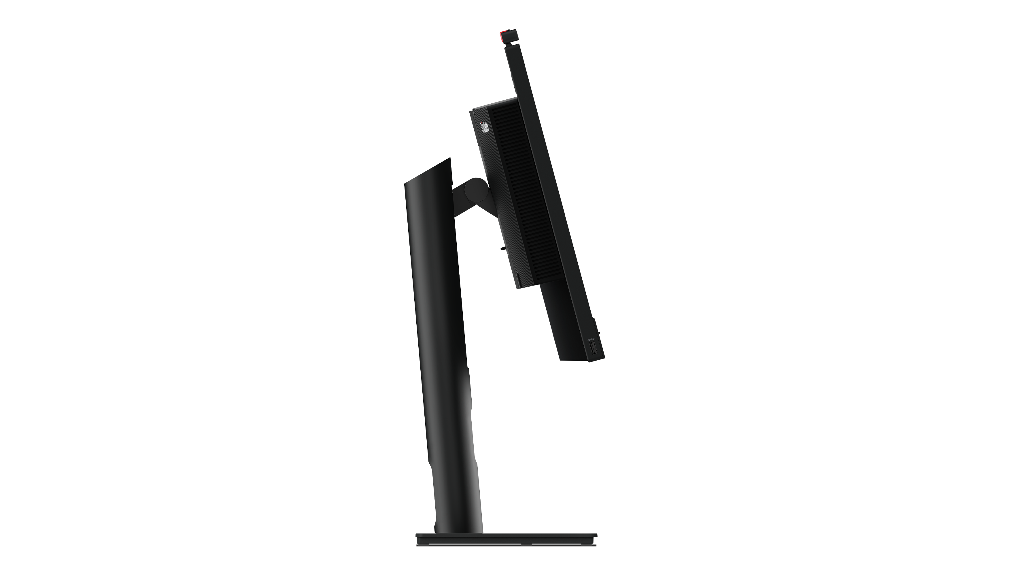 Ein schwarzer Computermonitor wird auf schwarzem Hintergrund angezeigt. Der Monitor hat einen roten Akzent oben.