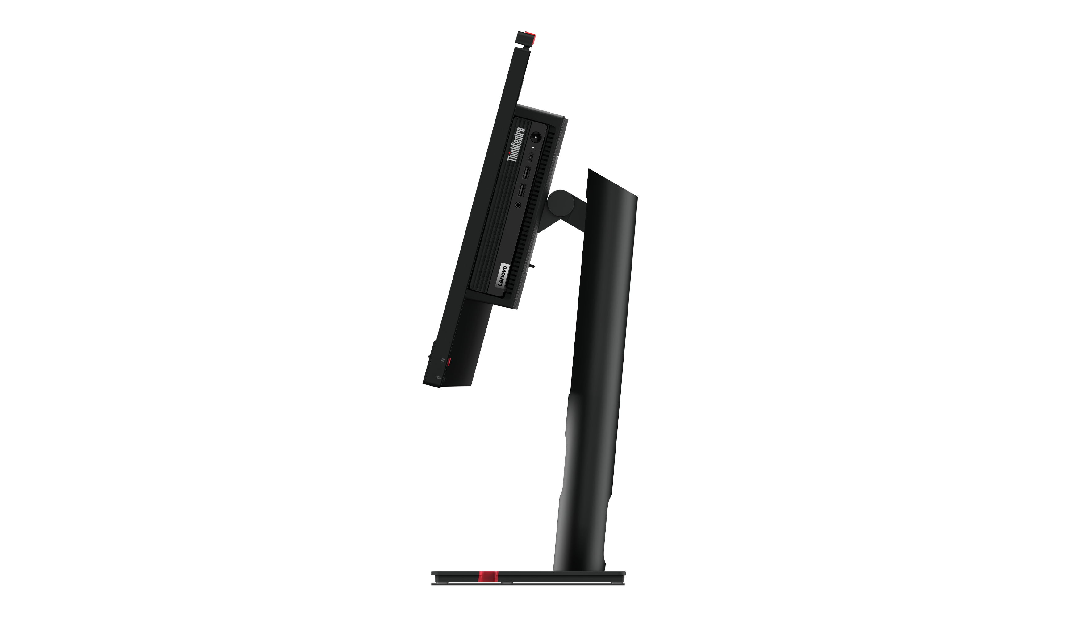 Ein schwarzer Computermonitor und eine CPU sind auf einem schwarzen Ständer montiert. Der Monitor hat die ThinkCentre- und Lenovo-Logos. Der Hintergrund ist schwarz.