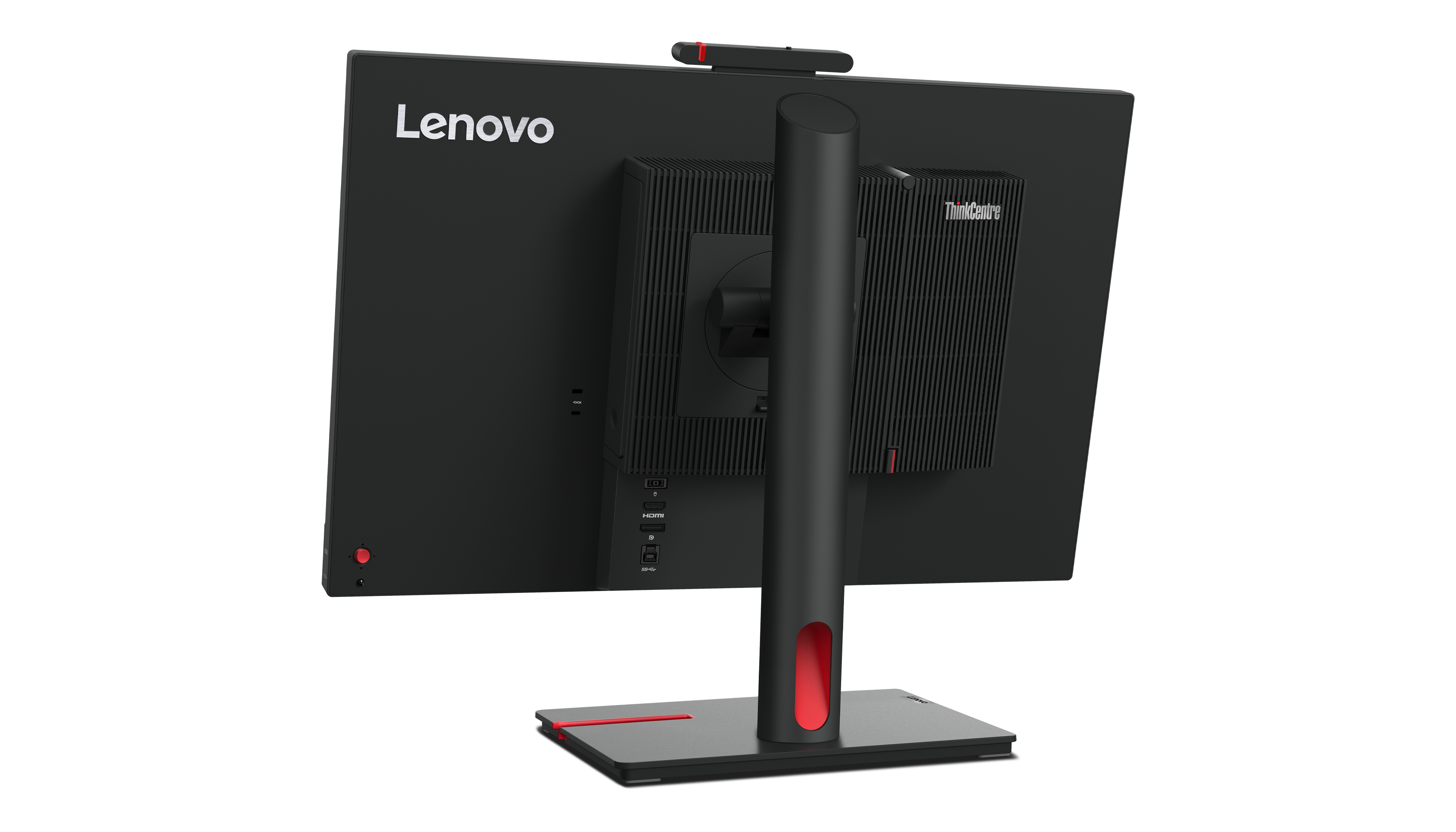 Rückseite eines Lenovo ThinkCentre Computermonitors. Es hat einen schwarzen Rahmen mit roter Akzentuierung und einen Ständer. Schwarzer Hintergrund.