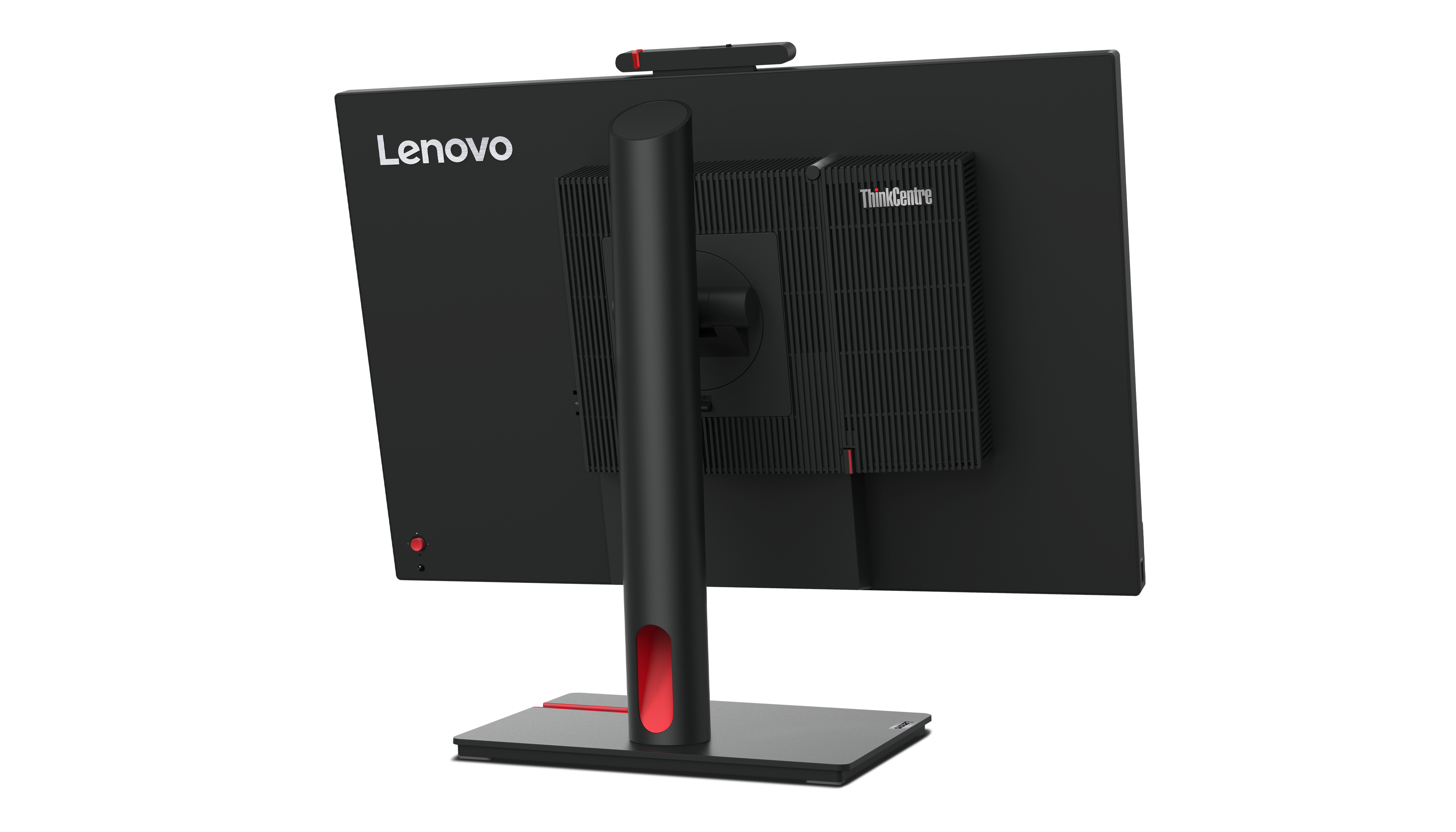 Schwarzer Lenovo ThinkCentre Computermonitor. Die Rückseite ist sichtbar, mit Ständer und ThinkCentre-Logo.