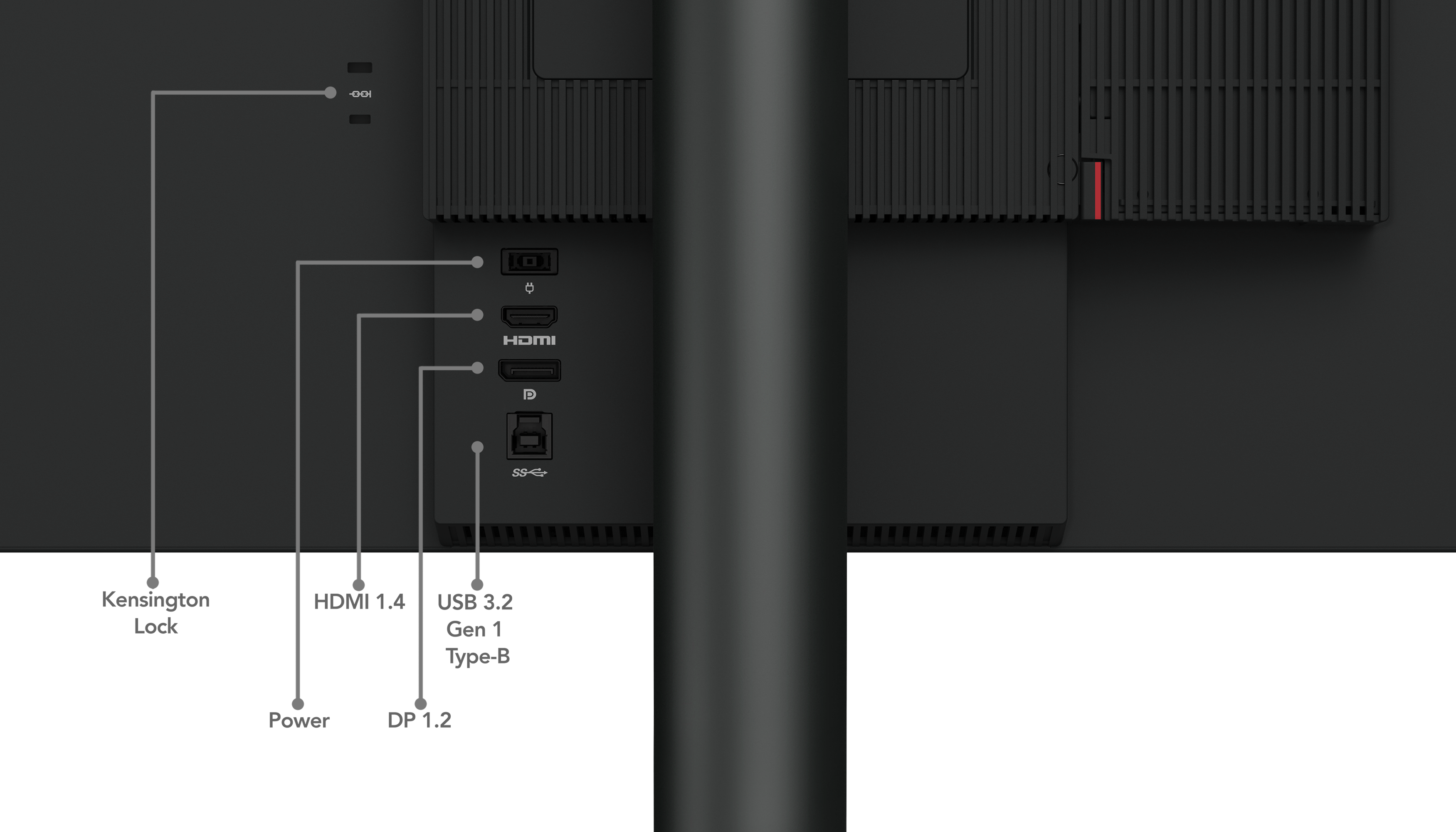 Rückseite eines schwarzen Monitors mit Anschlüssen: Kensington Lock, HDMI, USB, DP und Stromeingang. Auch ein roter Akzent.