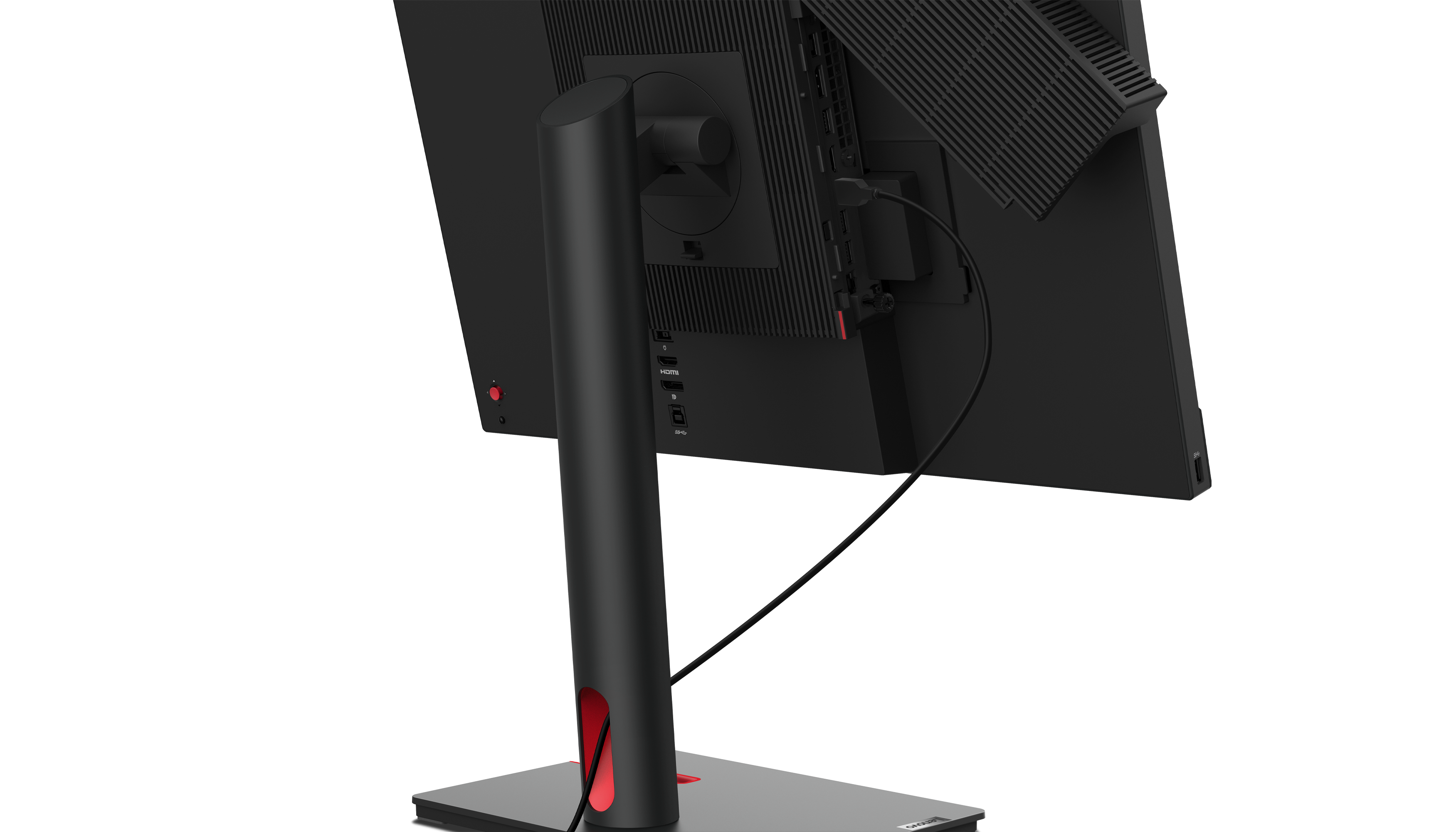 Rückansicht eines schwarzen Lenovo-Monitors. Der Ständer ist schwarz mit roten Akzenten. Kabel sind an der Rückseite angeschlossen.