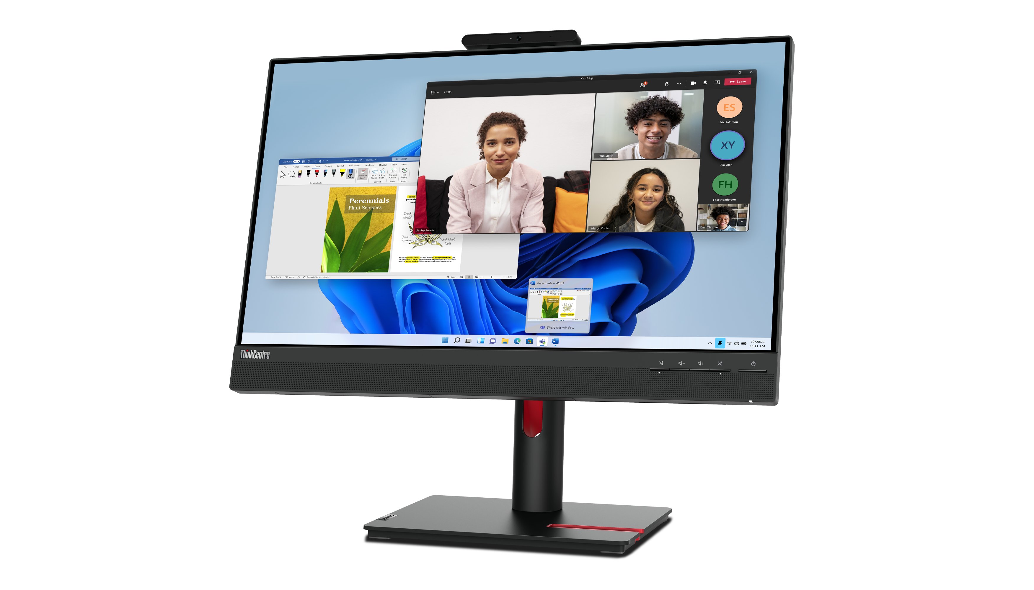 Ein ThinkCentre-All-in-One-PC zeigt einen Videoanruf und ein Dokument über Stauden. Fünf Personen sind auf dem Bildschirm sichtbar.