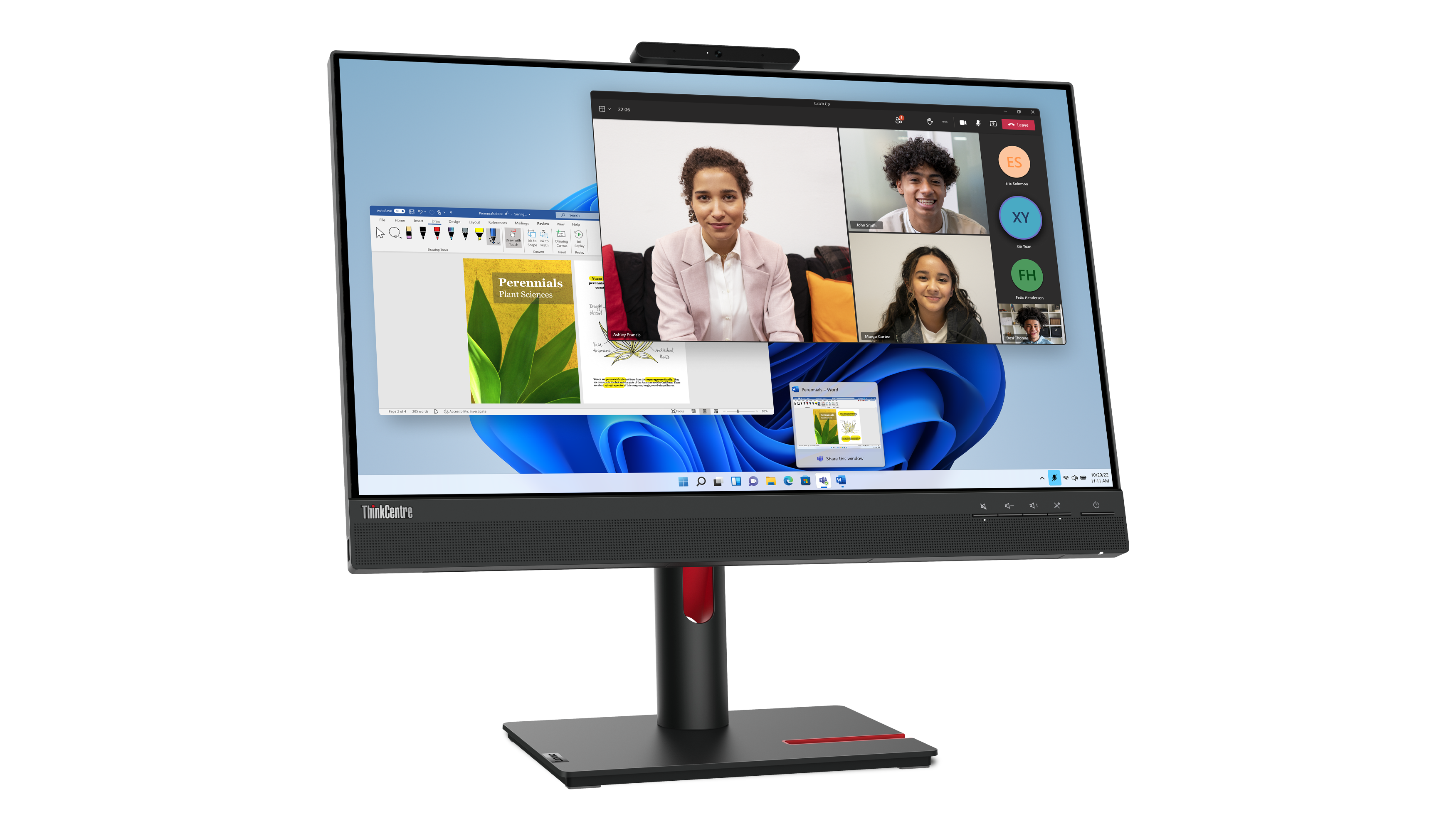 Ein Computerbildschirm zeigt einen Videoanruf mit vier Teilnehmern und ein Dokument über Stauden auf schwarzem Hintergrund.