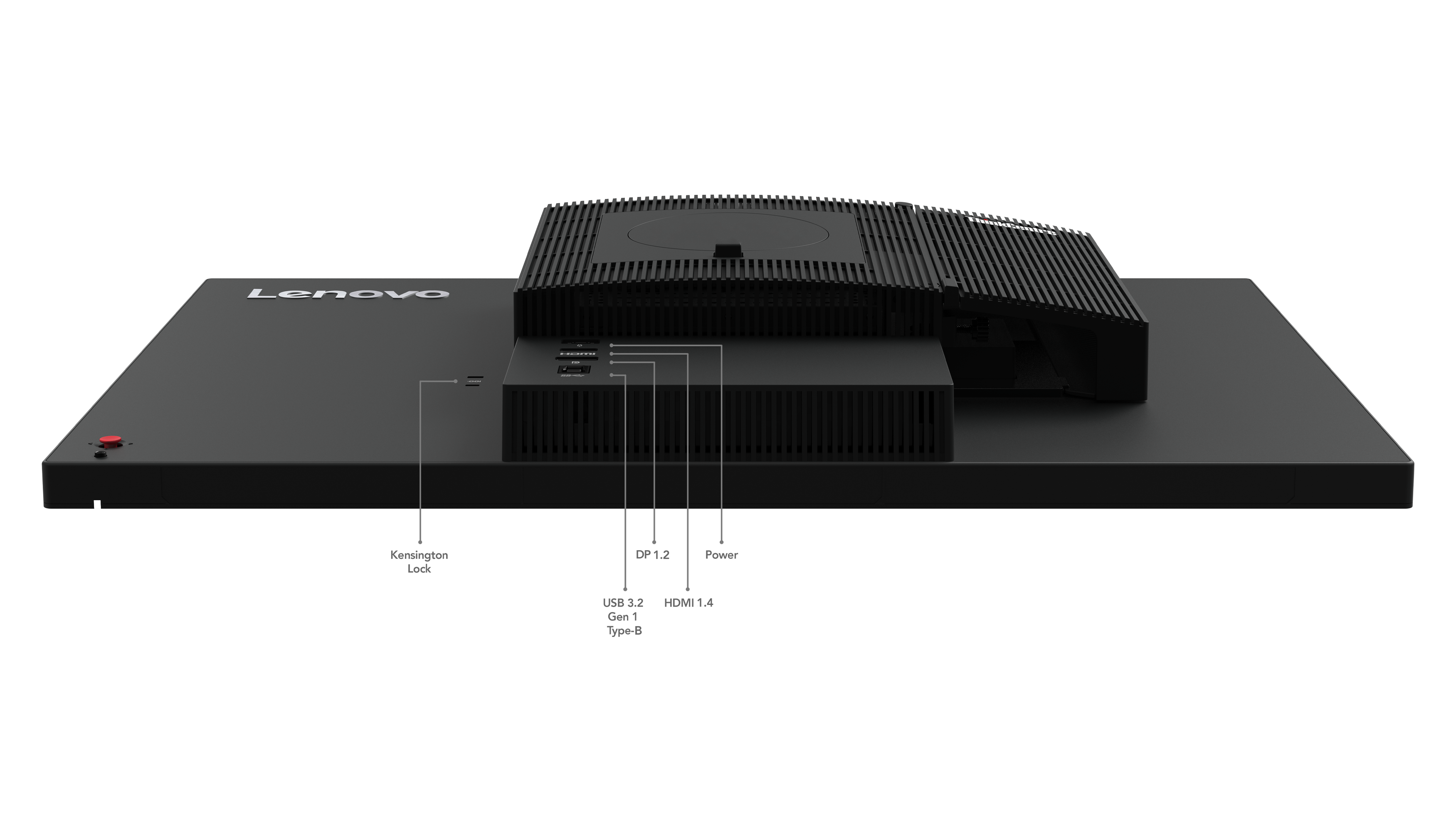 Ein schwarzer Lenovo-Monitor. Anschlüsse für Kensington-Schloss, DP 1.2, Strom, USB 3.2 und HDMI 1.4 sind beschriftet. Roter Power-Knopf.