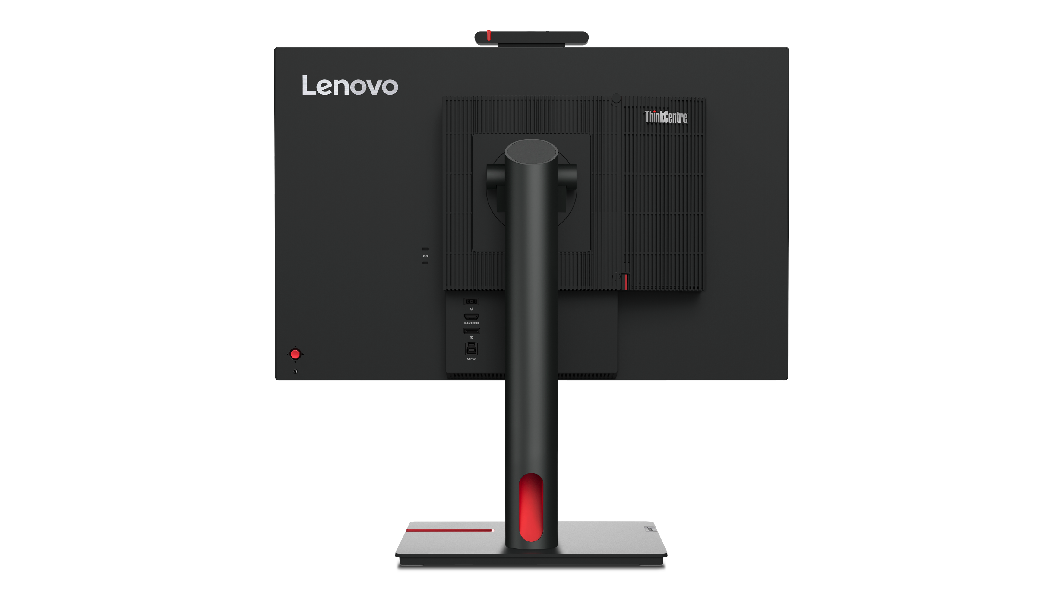 Die Rückseite eines schwarzen Lenovo ThinkCentre Monitors. Er hat einen roten Akzent am Ständer und oben.