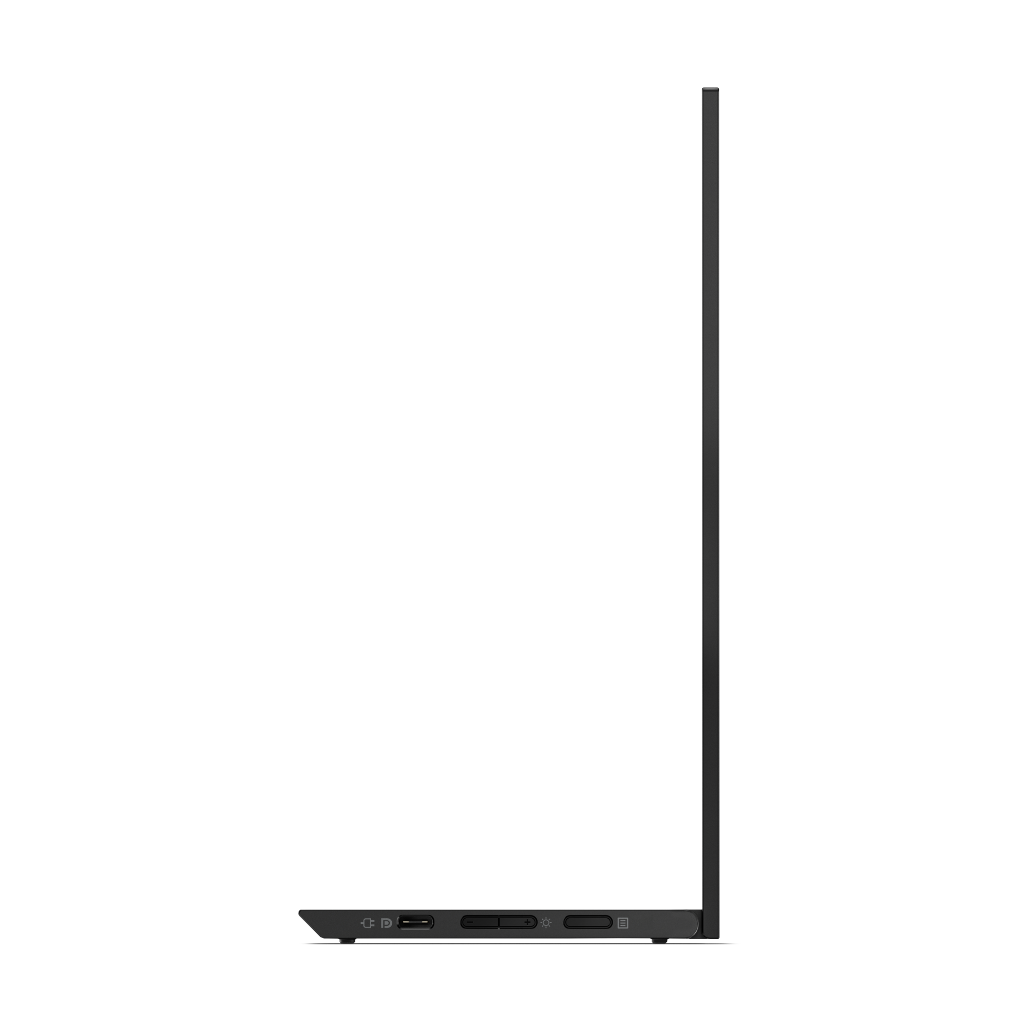 Seitenansicht eines schwarzen Laptops. Zeigt Anschlüsse, einen Ein- und Ausschalter und den Bildschirmrand. Weißer Hintergrund.