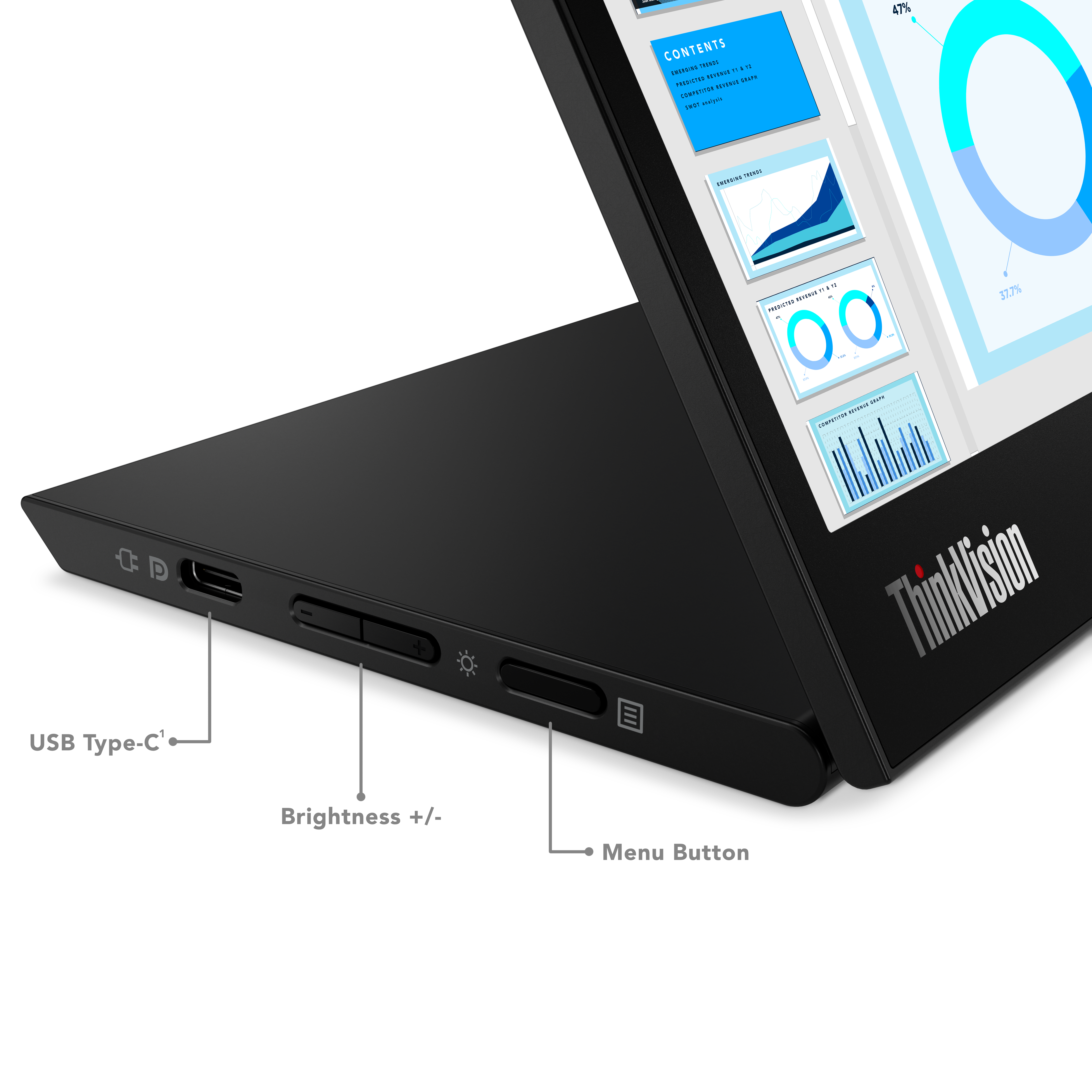 Ein schwarzer ThinkVision-Monitor zeigt Diagramme und Grafiken an. Er hat einen USB-C-Anschluss, Helligkeitsregler und eine Menütaste.