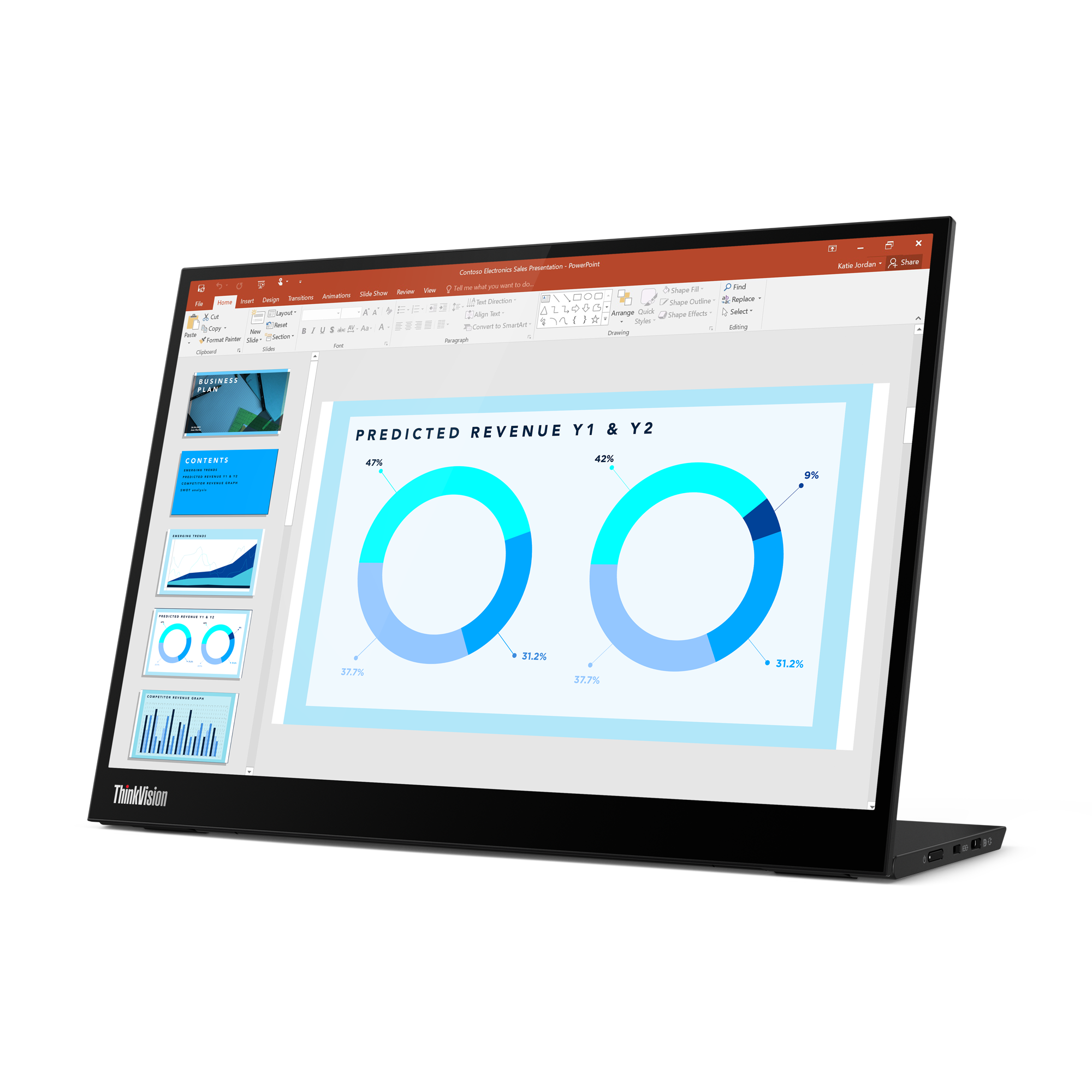 Ein Laptop-Bildschirm zeigt eine PowerPoint-Präsentation. Es gibt Diagramme und Grafiken. Der Laptop ist schwarz mit ThinkVision-Logo.
