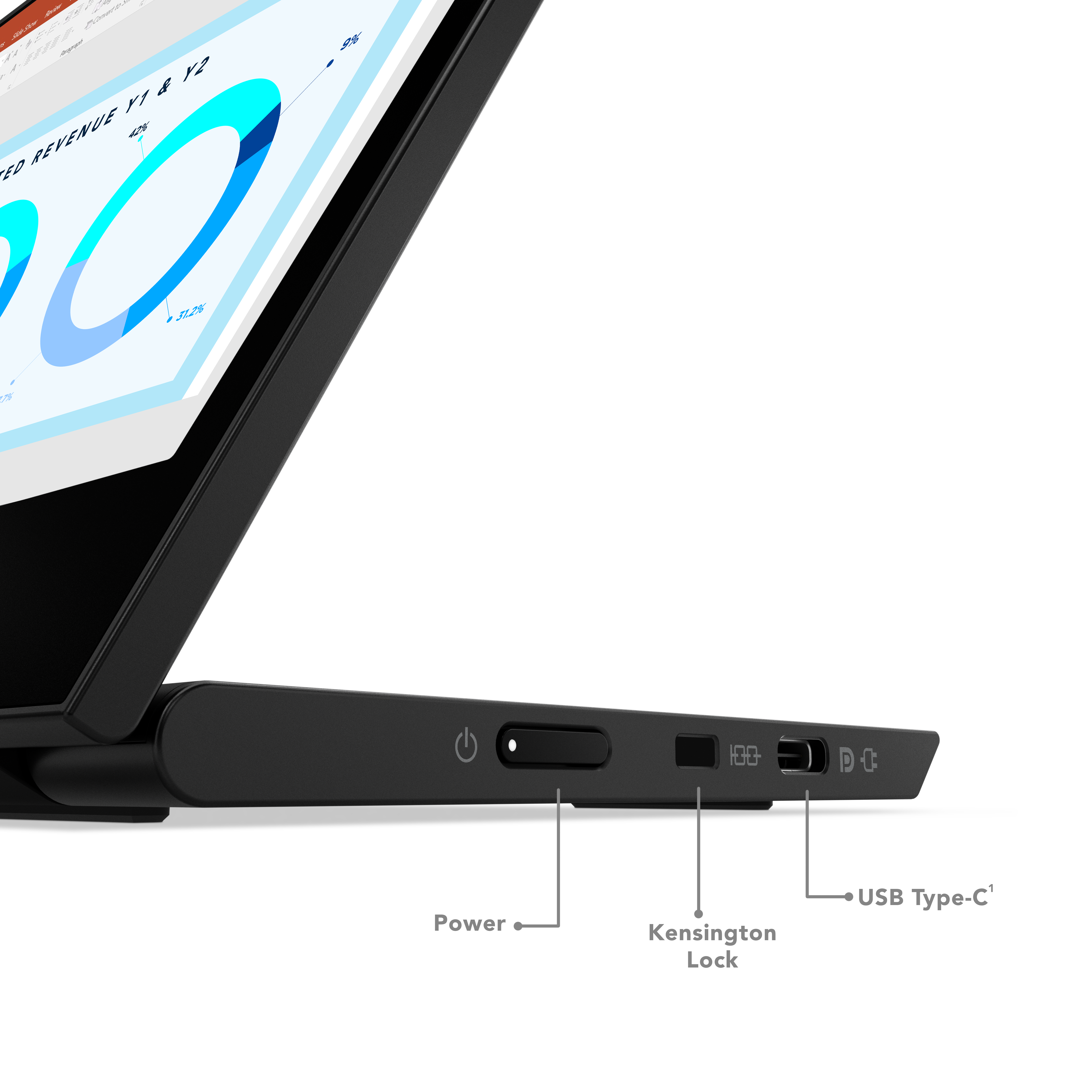 Seitenansicht eines Laptops mit Stromanschluss, Kensington-Schloss und USB-C-Anschlüssen. Bildschirm zeigt Diagramm.